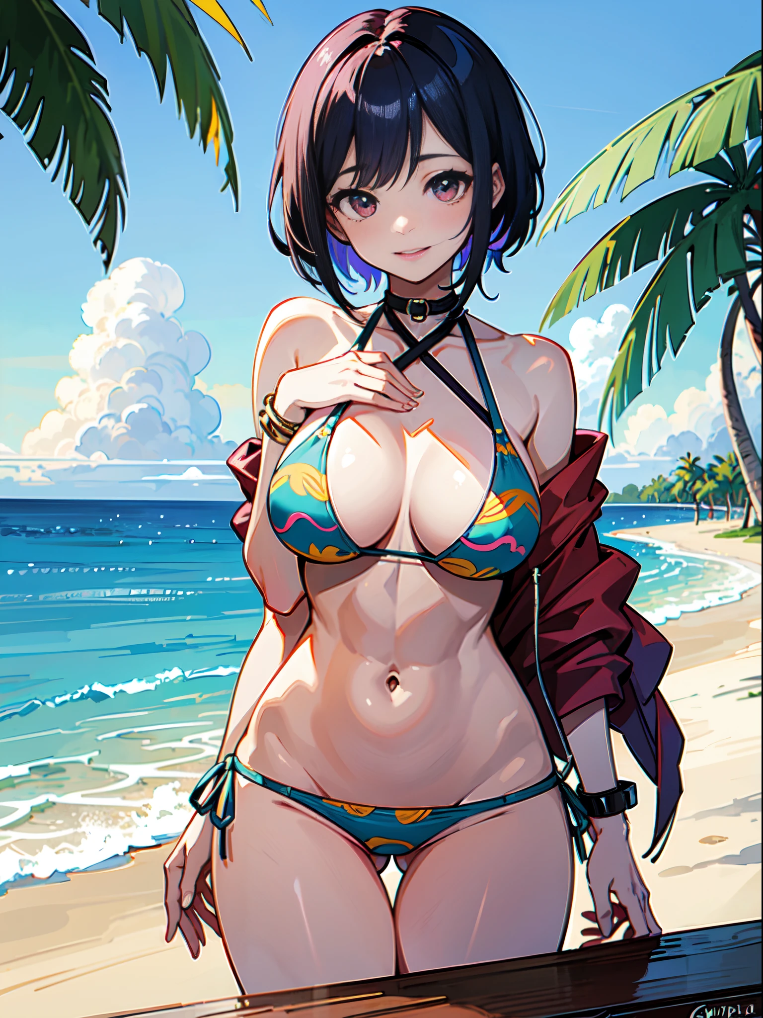 ​masterpiece、hyper details, ultra-quality、ultra-detailliert、Perfect drawing、Solo、swim wears((Colorful sexy bikini))((Tropical patterns))、(round and big buttockulging bust top)))、((ample breasts:1.5))、(Cute smile)、multi-colored hair red-blue, abs, Detailed eyes, 20yr old、plein air、cumulonimbus clouds、Tropical、Beach Resort、clothes between breasts female focus hairless halter top looking at viewer medium breasts navel outside pink eyes public public nudity spiked bracelet thigh gap, beatiful backgrounds、Accurate drawing、Detailed drawing、high-class sense、Open、Functional、(Composition with an emphasis on the chest)、(Shine a light on the subject)、