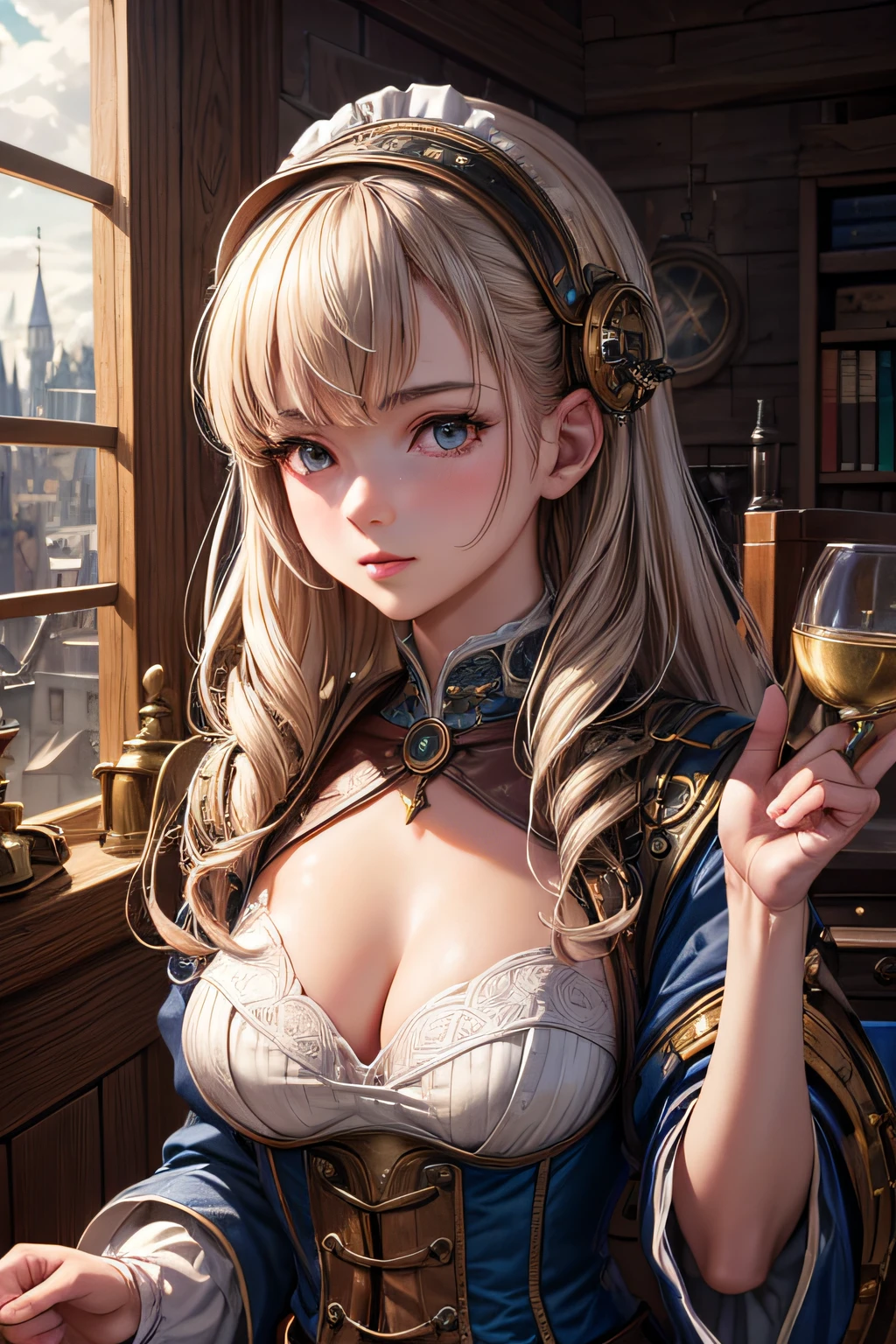 , medieval inventor, clothes from steampunk era, using a lot of tools and gadgets, small breasts,, highly detailed, vibrant appearance, creative behavior, extremly detailed, imaginative, sensual, spontaneous, highest quality, skin texture, intricate details, (cinematic lighting), RAW photo, 8k, masterpiece,best quality,ultra-detailed,very detailed illustrations,extremely detailed,intricate details,highres,super complex details,extremely detailed 8k cg wallpaper,