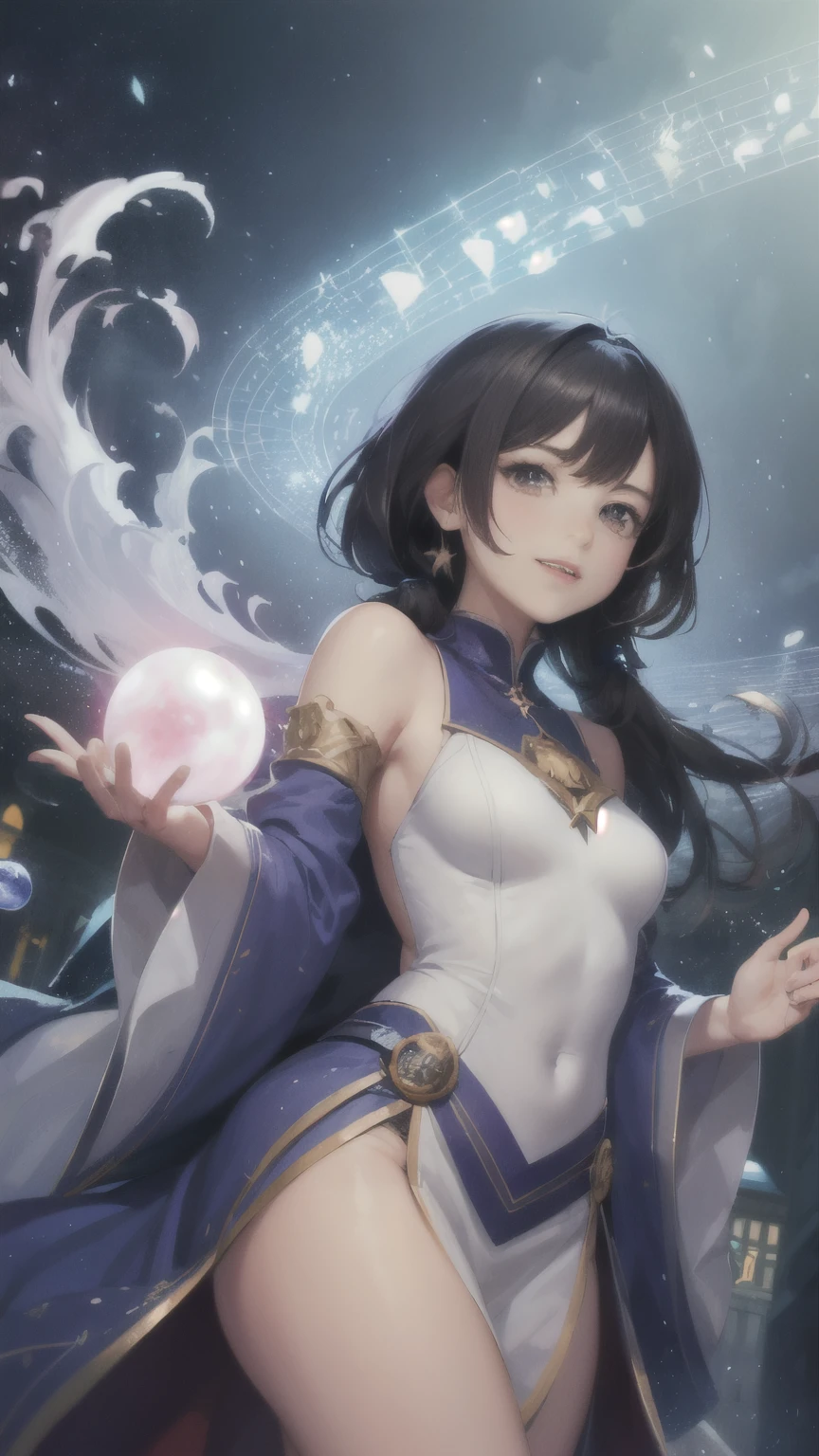 ((a magical world)),bright spheres of light,musical notes floating in the air,((strong colorystical and enchanting atmosphere