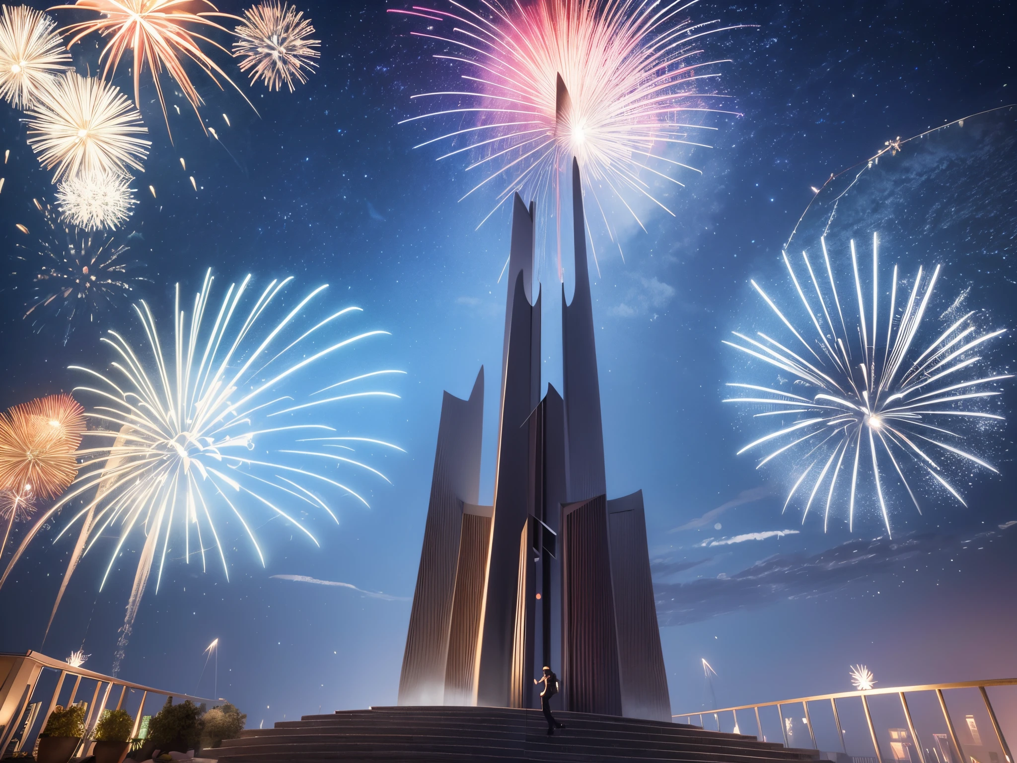 Design a monumental portal opening in the sky, releasing 3D fireworks and fractal energies that signify the transition from the old to the new year.