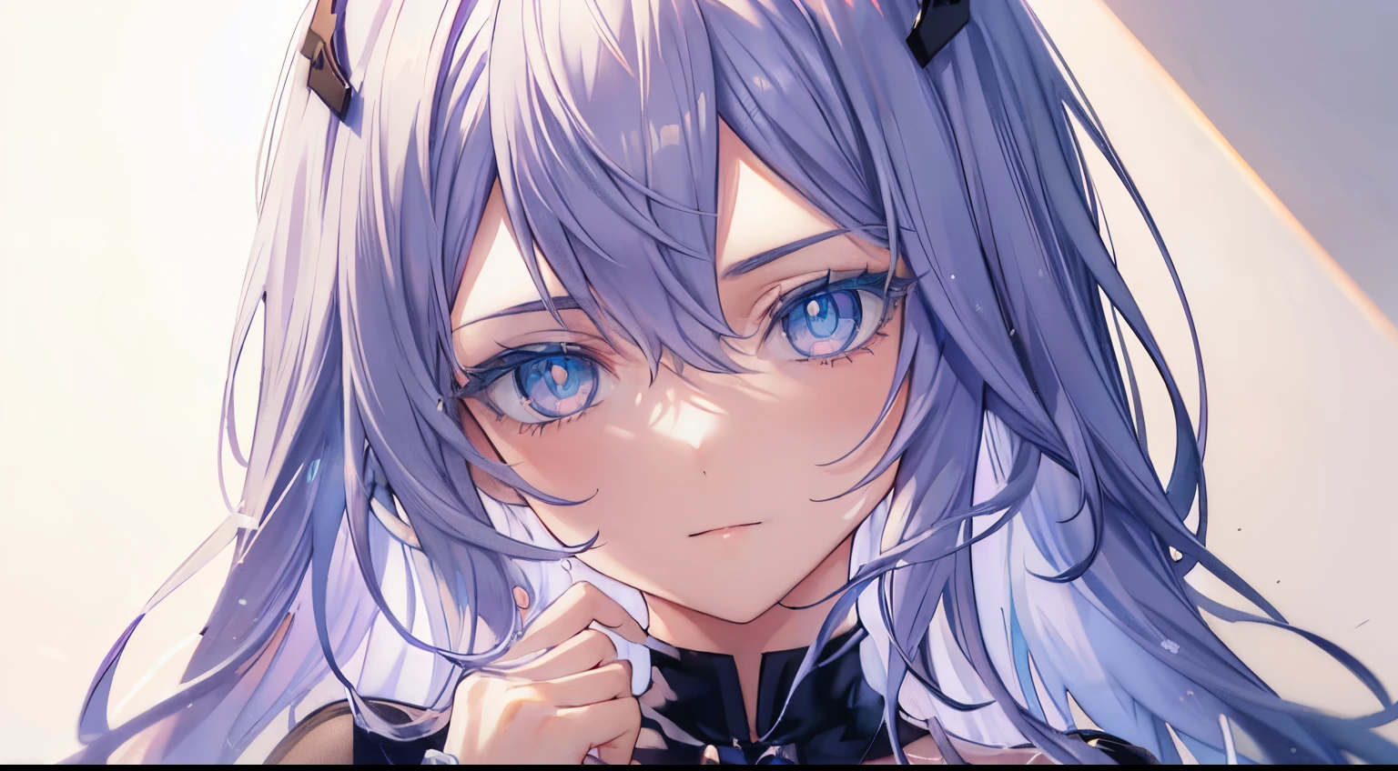 ((4k, masterpiece, top-quality)),8k, best quality, high resolution, HD, (illustration:0.8), (beautiful detailed eyes:1.6), extremely detailed face, perfect lighting, (perfect hands, perfect anatomy), super complex details, intricate details,lacia(beatless), laica_uniform, black_monolith, light lavender hair, ligh lavender eyes, dress, blue dress, black heels