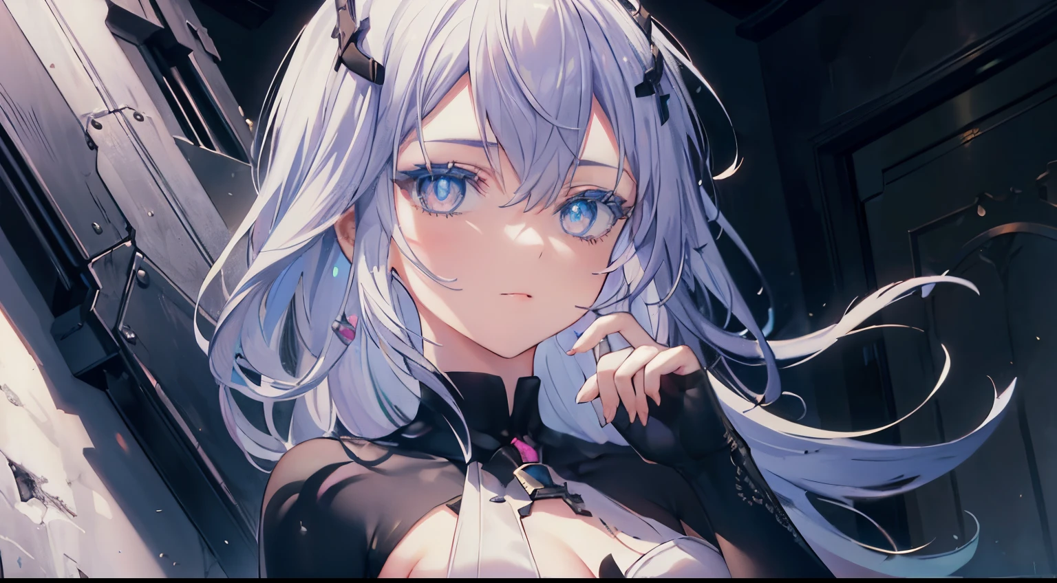 ((beautiful lighting, Best quality, 8K, Masterpiece: 1.3)), 1girl, Perfect body beauty, ((white hair)), ((black dress: 1.4)), (Indoor , night: 1.1), sexy pose (lie on the bed), Super Fine Face, Fine Eyes, naughty look