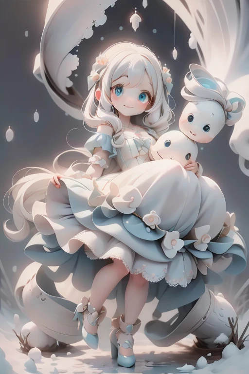 masterpiece, best quality, a girl smiling wearing a fantasy dress hugging a giant snow man, white hair, magical dress, cute dress, **** in dress, lovely and cute, style of magical girl, white and pale blue toned, pale blue, soft cute colors, rococo dress, icey blue dress, pastel blue, romantic dress, dreamy style, rococo ruffles dress, pumps, frozen garden, (falling_snow),