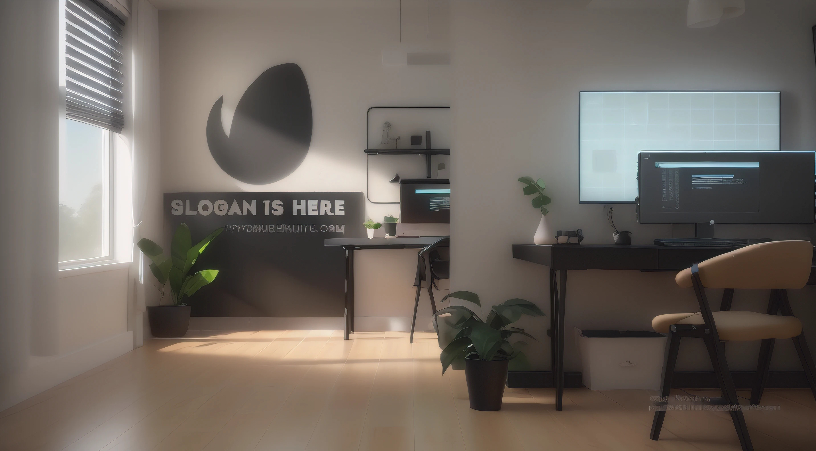 il y a un bureau avec un ordinateur et une plante dans un accueil d&#39;Entreprise , Corporate animation style, animation style render, Rendu 3D propre, Rendu esthétique de l&#39;octane!, Demo d&#39;animation 3D real, Scène stylisée 3D color noir , Contexte du bureau, dans le style de rendu 3D, Style 3D realist color black , high quality topical render, Vente photorealist , Rendu promotionnel colore au noir sans logo