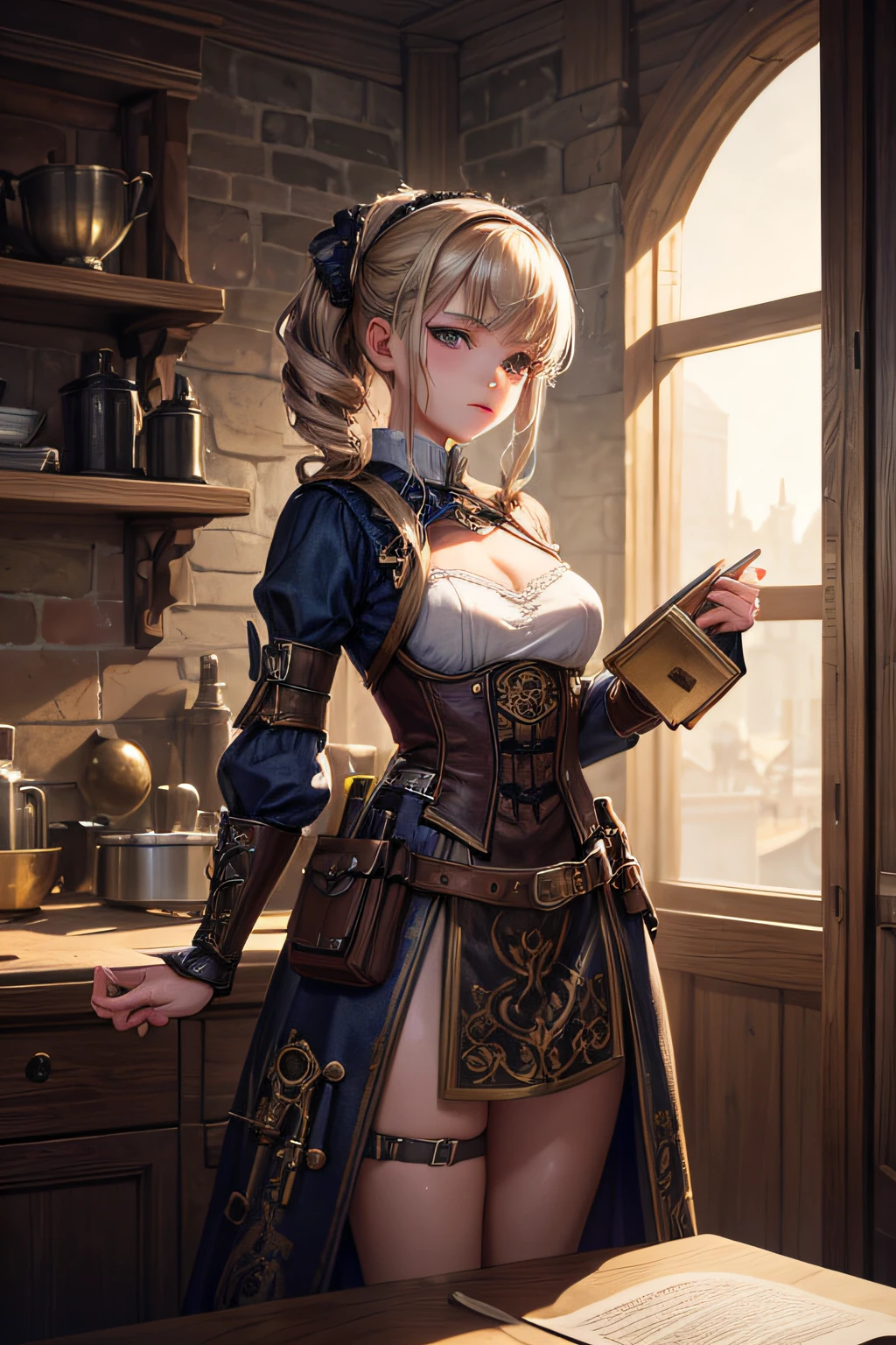 , medieval inventor, clothes from steampunk era, using a lot of tools and gadgets, small breasts,, highly detailed, vibrant appearance, creative behavior, extremly detailed, imaginative, sensual, spontaneous, highest quality, skin texture, intricate details, (cinematic lighting), RAW photo, 8k, masterpiece,best quality,ultra-detailed,very detailed illustrations,extremely detailed,intricate details,highres,super complex details,extremely detailed 8k cg wallpaper,