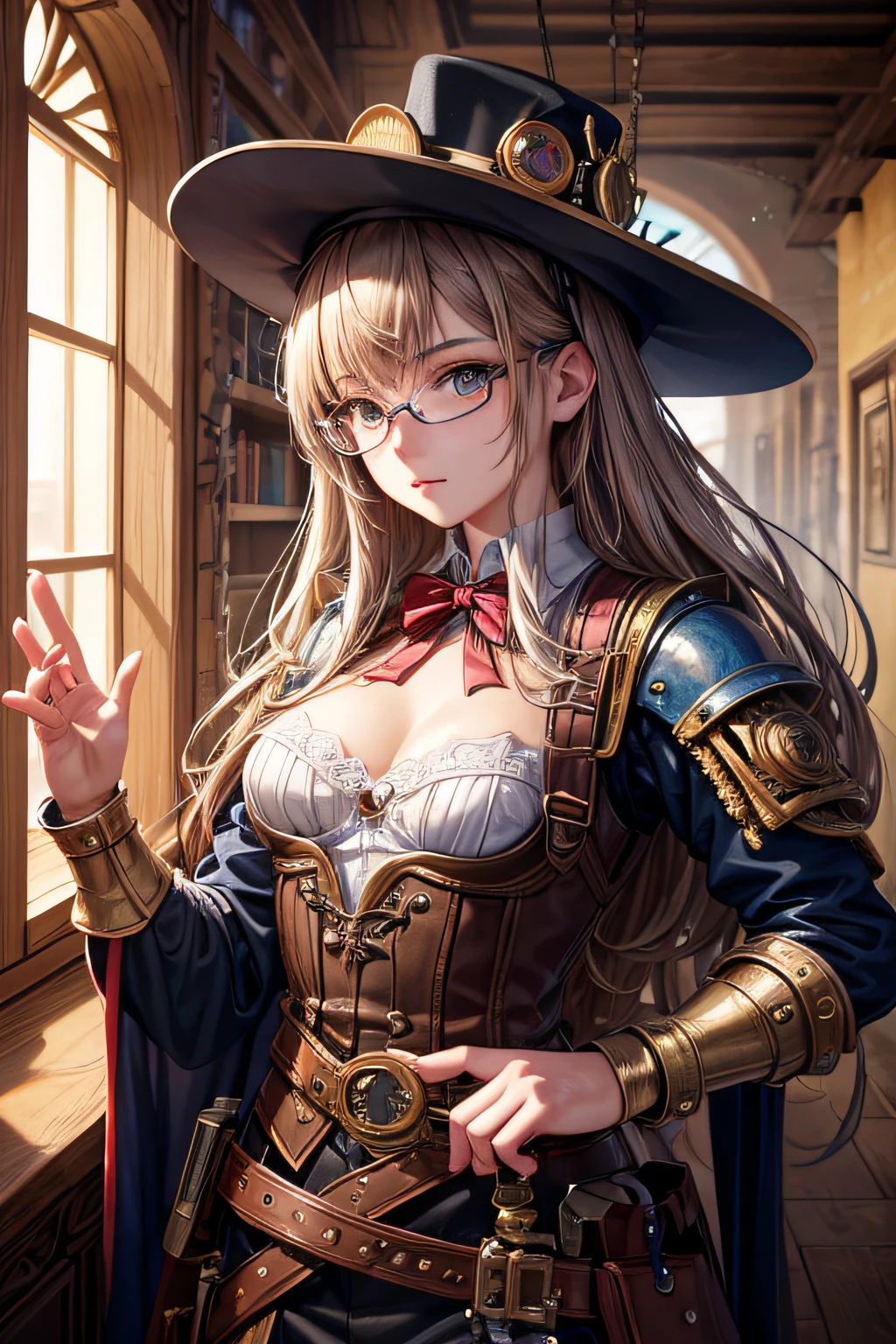 girl, medieval inventor, the girl is a young genius, clothes from steampunk era, steampunk hat, wearing glasses, using a lot of tools and gadgets, small breasts,, highly detailed, vibrant appearance, creative behavior, extremly detailed, imaginative, sensual, spontaneous, highest quality, skin texture, intricate details, (cinematic lighting), RAW photo, 8k, masterpiece,best quality,ultra-detailed,very detailed illustrations,extremely detailed,intricate details,highres,super complex details,extremely detailed 8k cg wallpaper,