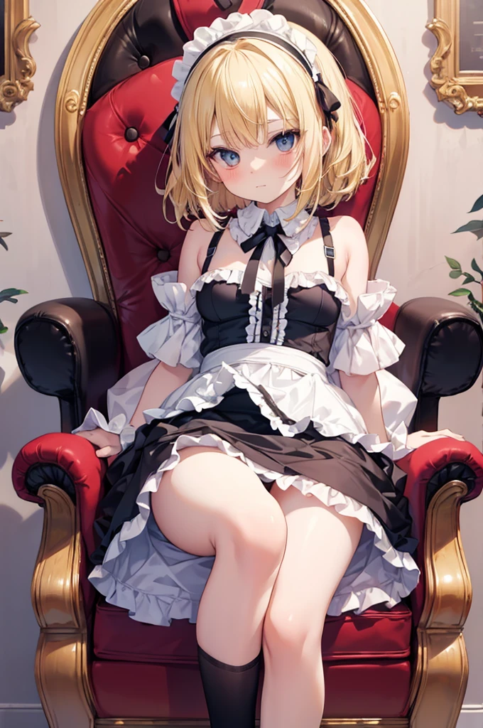 nsfw shirtless Cute Alice with blonde hair from Alice in Wonderland Sitting on a chair, cute underwear with frill decorations opening legs pick up the skirt leg ruffle band toppless high quality breasts