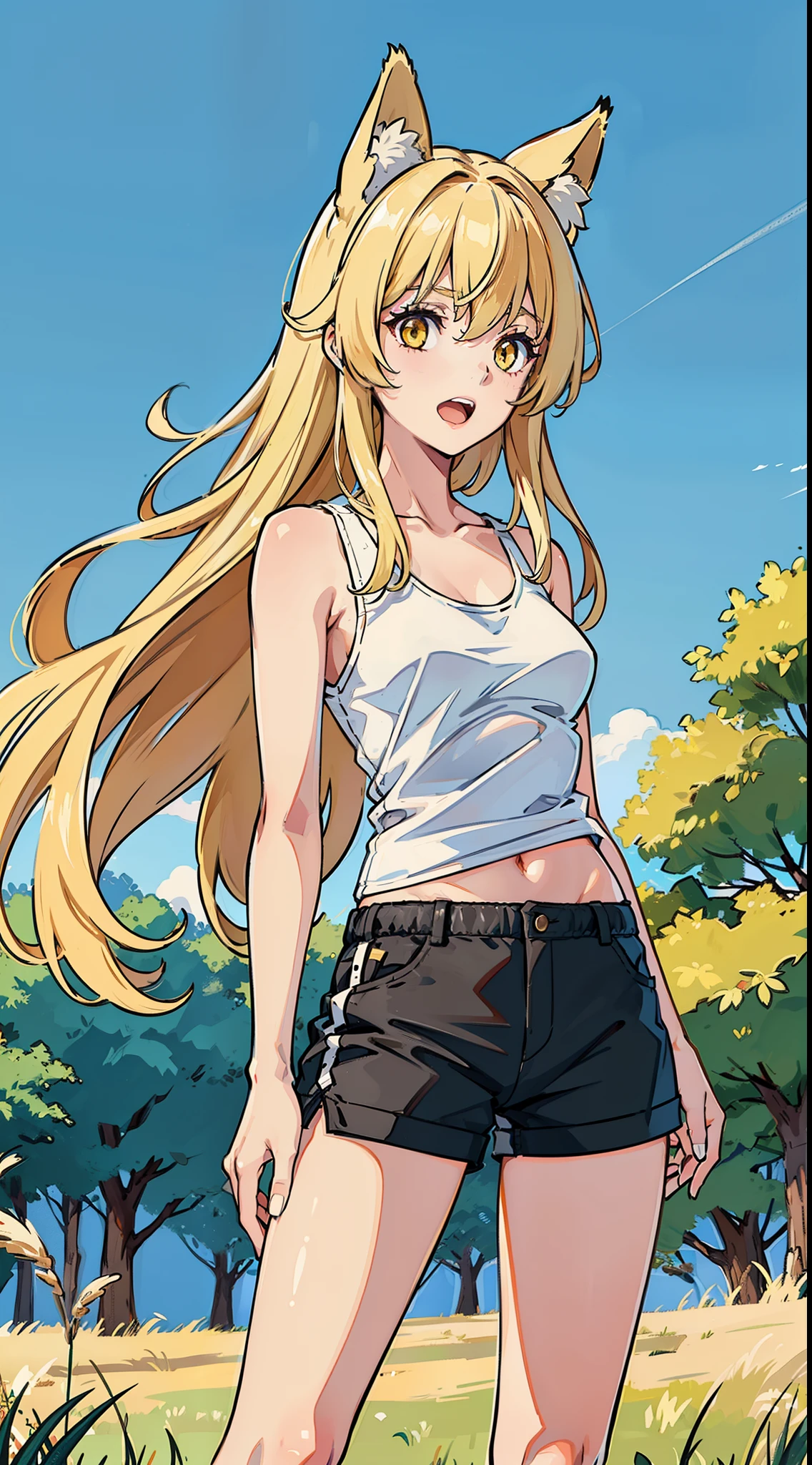 ((masterpiece)),high quality,4k,outdoor,beautiful eyes,delicated eyes, <lora:Vermouth_Detective:0.7> bangs,blonde_hair, blue_eyes,cleavage,bare shoulder,((bare belly)),((crop top)),(middle score),smile,natural pose,belly,whole body,bare neck,((thigh)),((panties:1),(sitting:1.2)