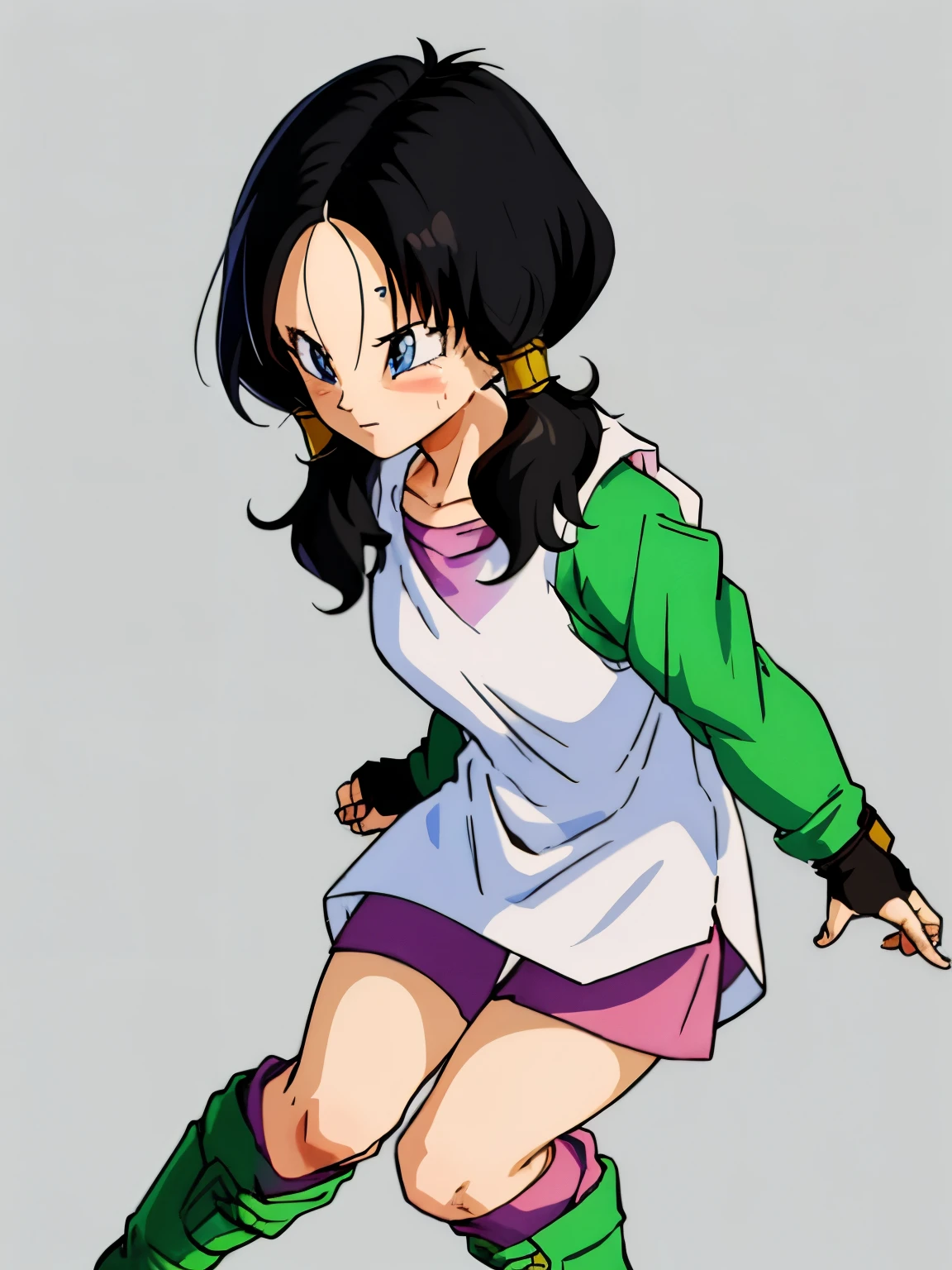 A drawing of a girl wearing a white shirt and green boots, saiyan girl, inspired by Akira Toriyama, akira toriyama style, femele, PINK SHIRT, White jacket, black short slim fit pants, length hair, Low twintail