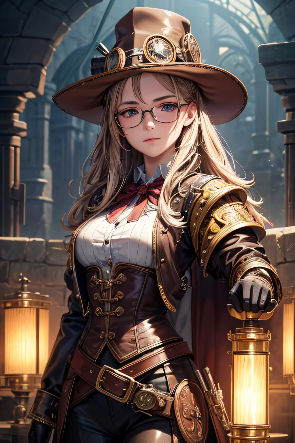 young teen girl, medieval inventor, the girl is a young genius, clothes from steampunk era, steampunk hat, wearing glasses, using a lot of tools and gadgets, small breasts,, highly detailed, vibrant appearance, creative behavior, extremly detailed, imaginative, sensual, spontaneous, highest quality, skin texture, intricate details, (cinematic lighting), RAW photo, 8k, masterpiece,best quality,ultra-detailed,very detailed illustrations,extremely detailed,intricate details,highres,super complex details,extremely detailed 8k cg wallpaper,