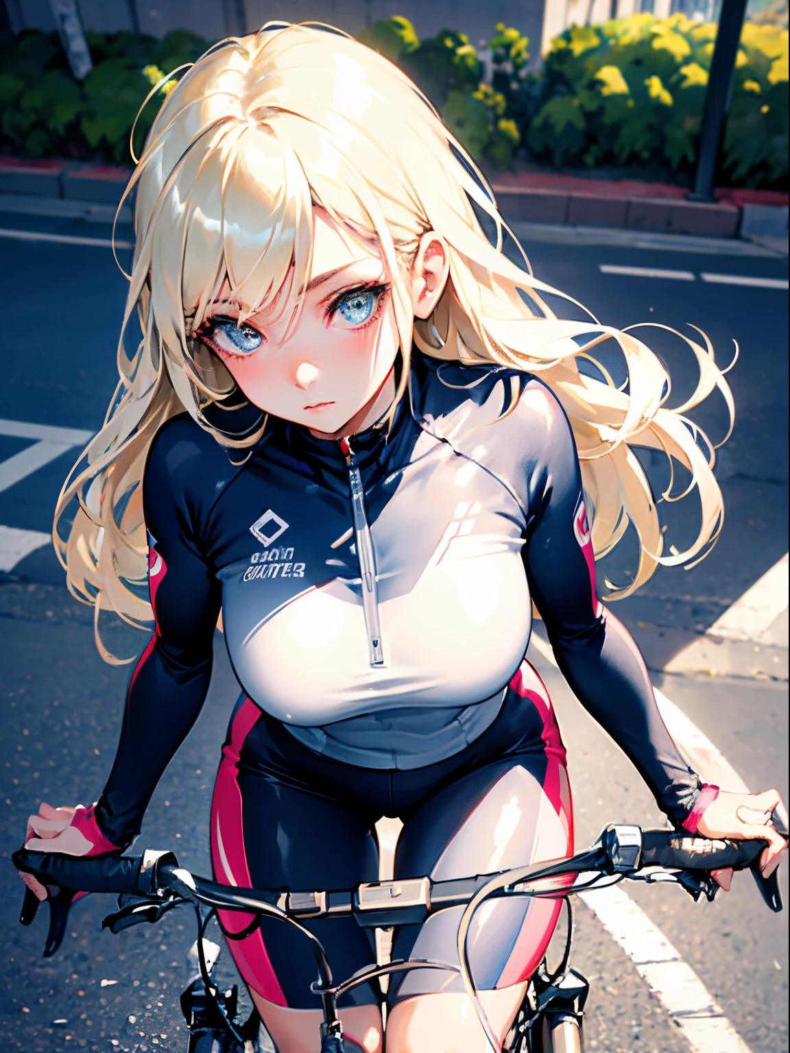 blonde hair, long hair, One Side Up, aqua eyes., Big Breasts, , solo ,nipple, 14years old, ride a bicycle, Expressway