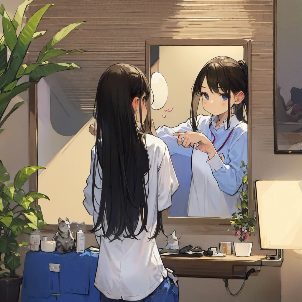 1 girl,Computer，multiple cats Solo, stairways, Long hair, colorful hair Brown hair, plant, shirt, Bird, catss reflection in a mirror, appearing through optical illusions, vibrant colors, detailed facial features and expressions, ethereal ambiance, delicate translucency, captivating beauty, surrealistic elements. multiple cats,