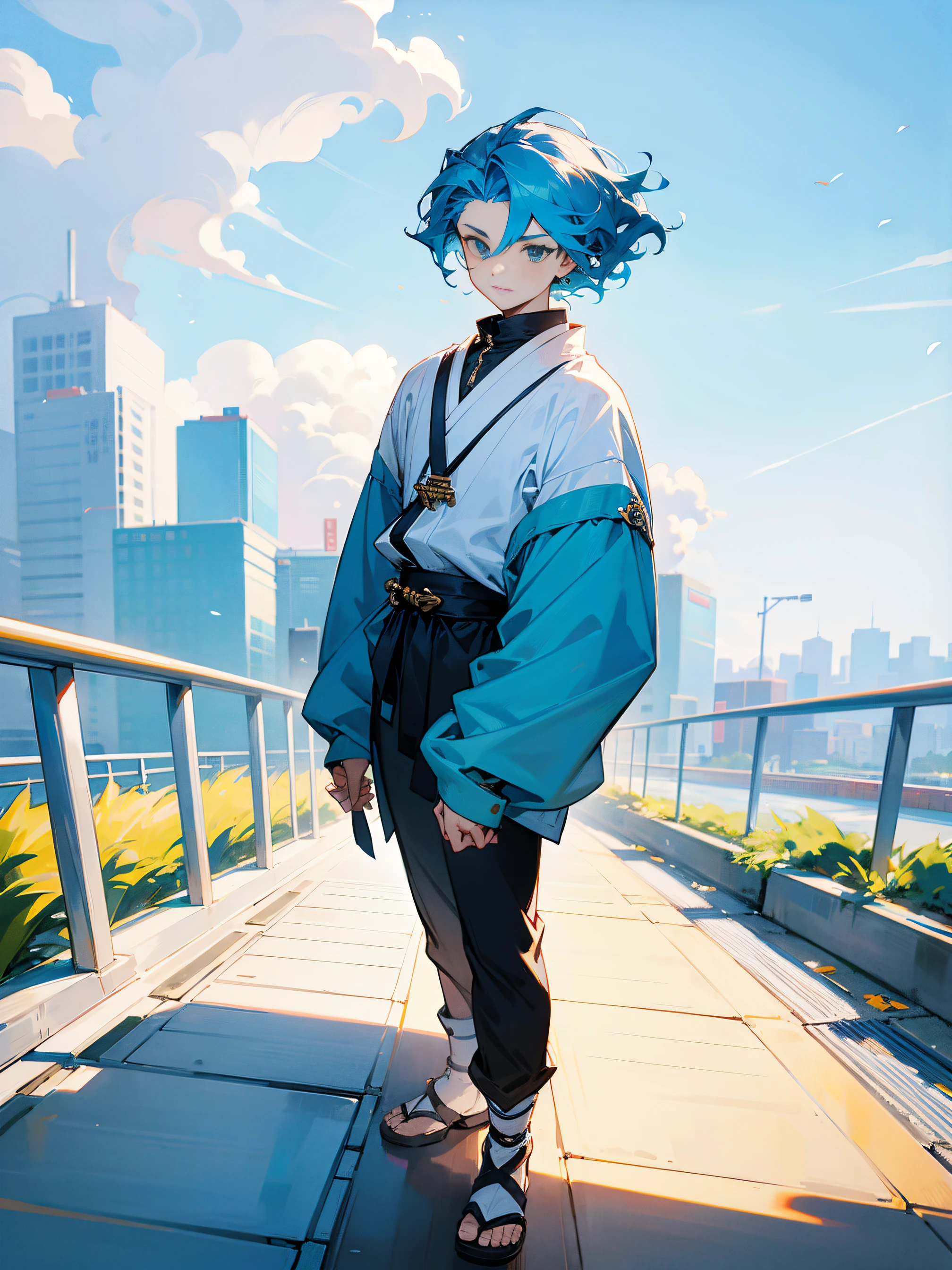 1male, sky blue hair, sky blue eyes, wavy hair, modern undercut hair, bracelets, standing on path, tokyo, day