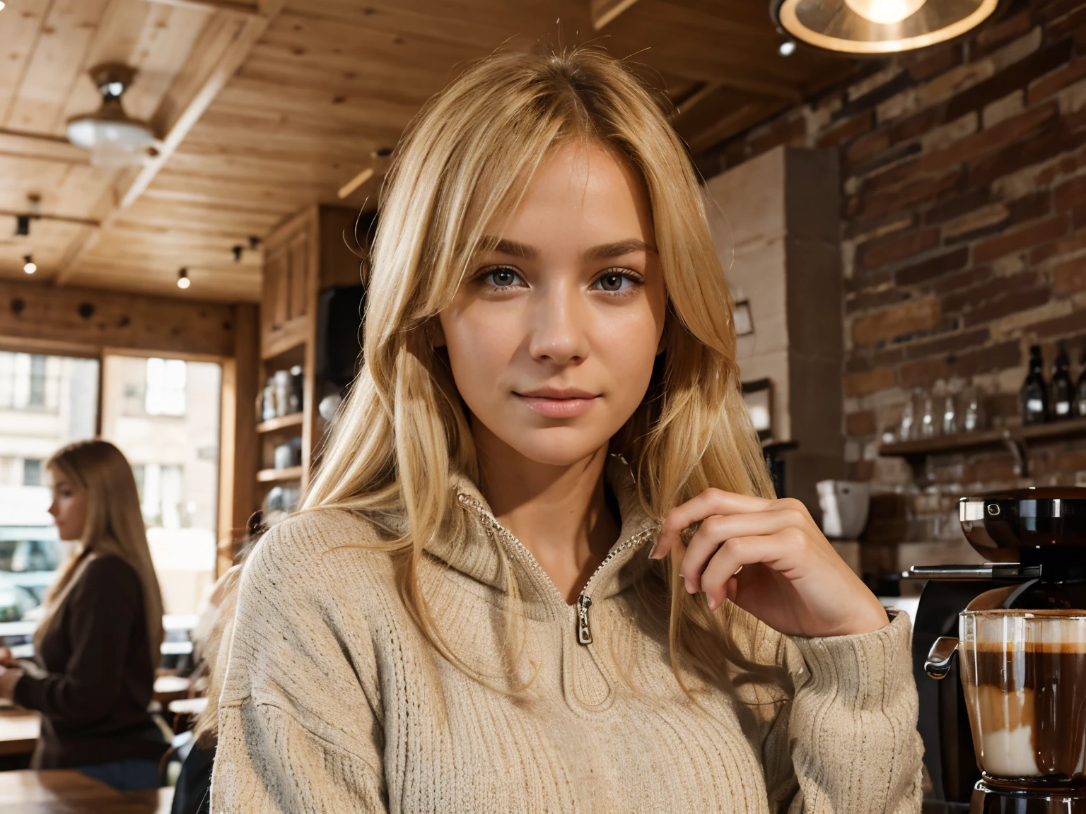 ultra-detailed, blond hair, highest quality, perfect body, shy, in coffee shop, wearing pullover