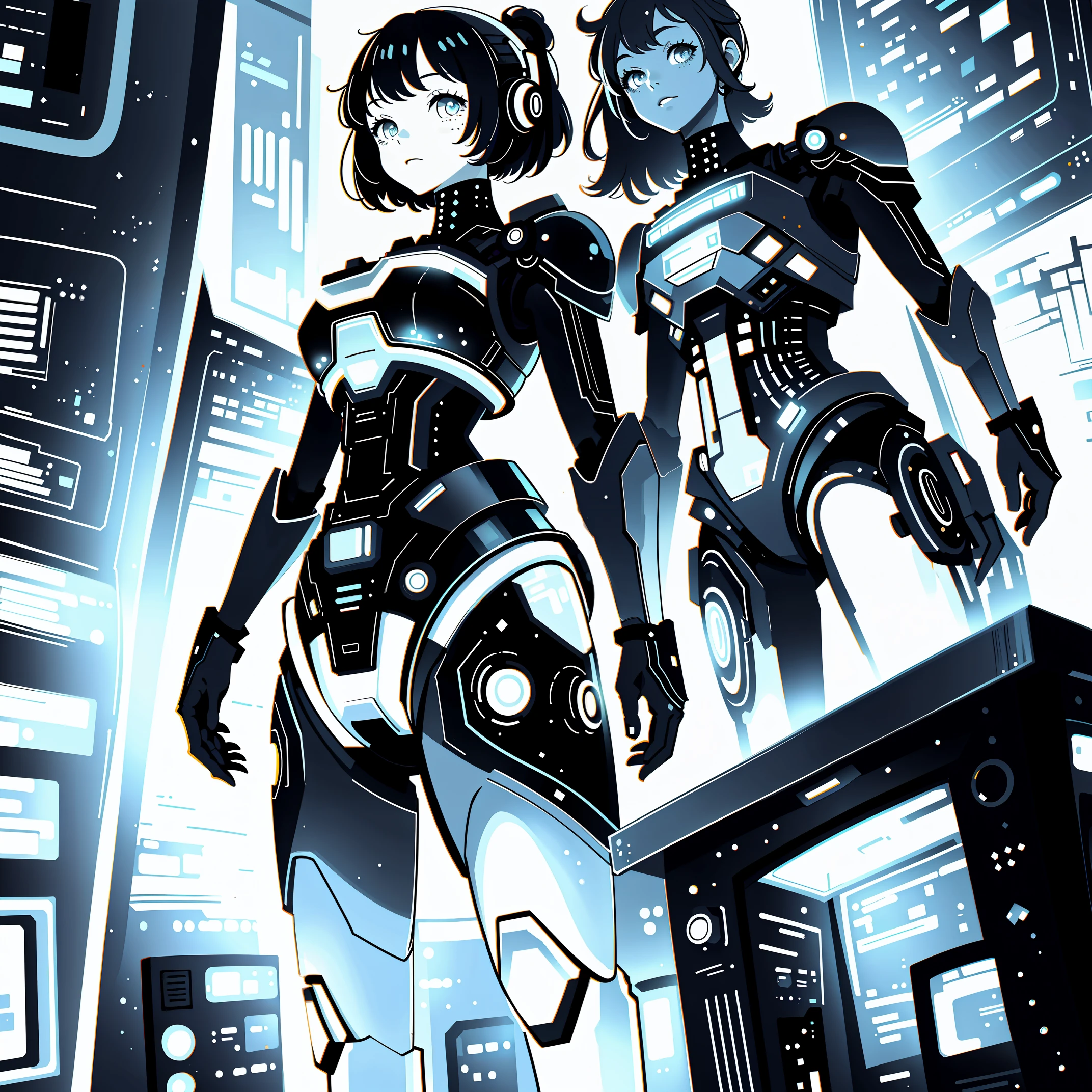 "Robot girl with metal features, glowing blue eyes, And futuristic clothing, Dystopian cityscape at night. Use a dark color palette to add mystery and intrigue, Neon, And cyberpunk elements. Emphasize the contrast between technology and humanity, Seamless fusion of organic and mechanical elements. Capturing the essence of the cybernetic world through meticulous textures, complex circuit, and reflections from metal surfaces. Designed to produce high quality、Visually engaging illustrations，Showing futuristic concepts."