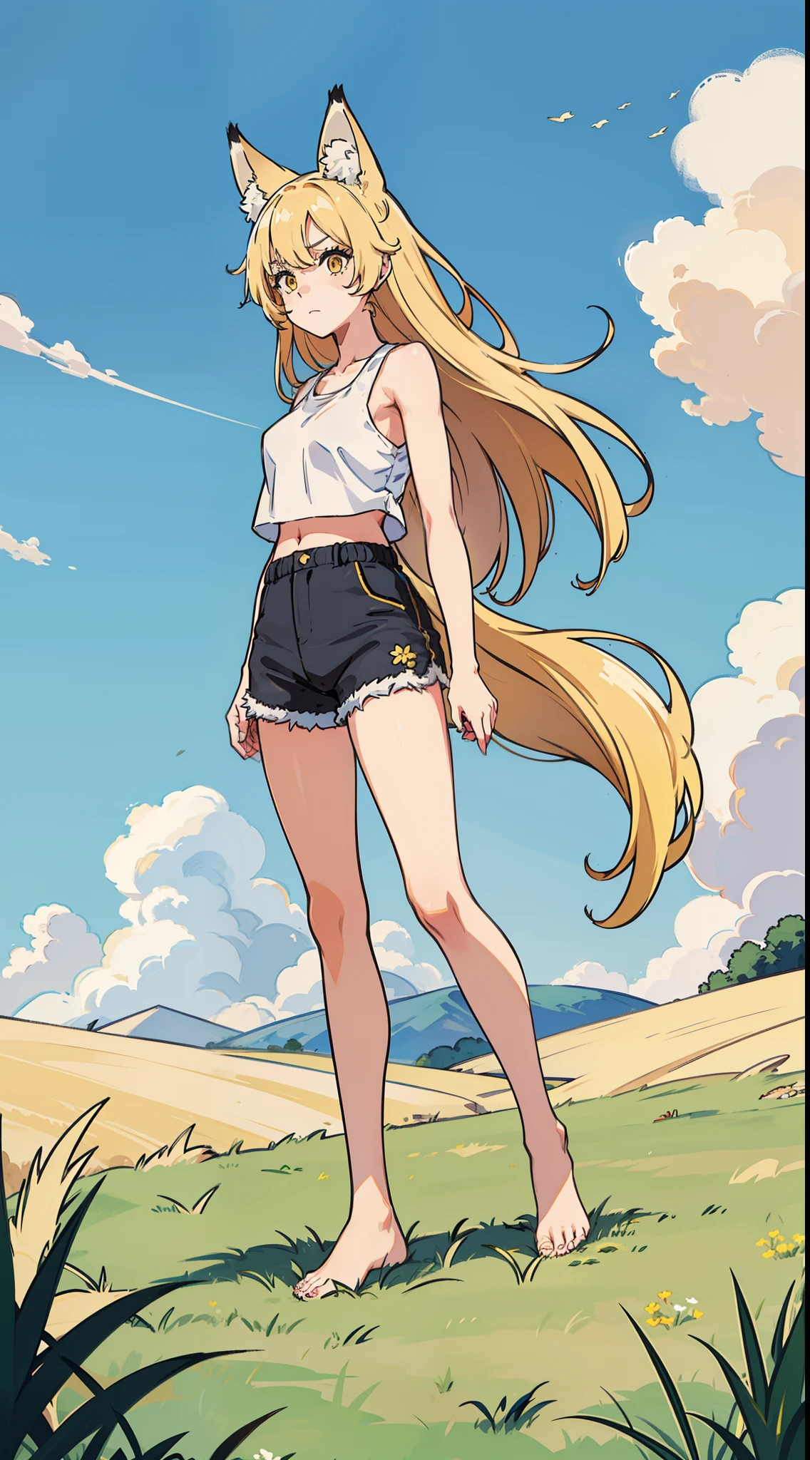 1girl,(sad),solo,medium breasts,(white tank top,black shorts),blonde hair,long hair,yellow eyes,fox ears,((standing in,grass,blue sky,)),legs together,(bare feet),