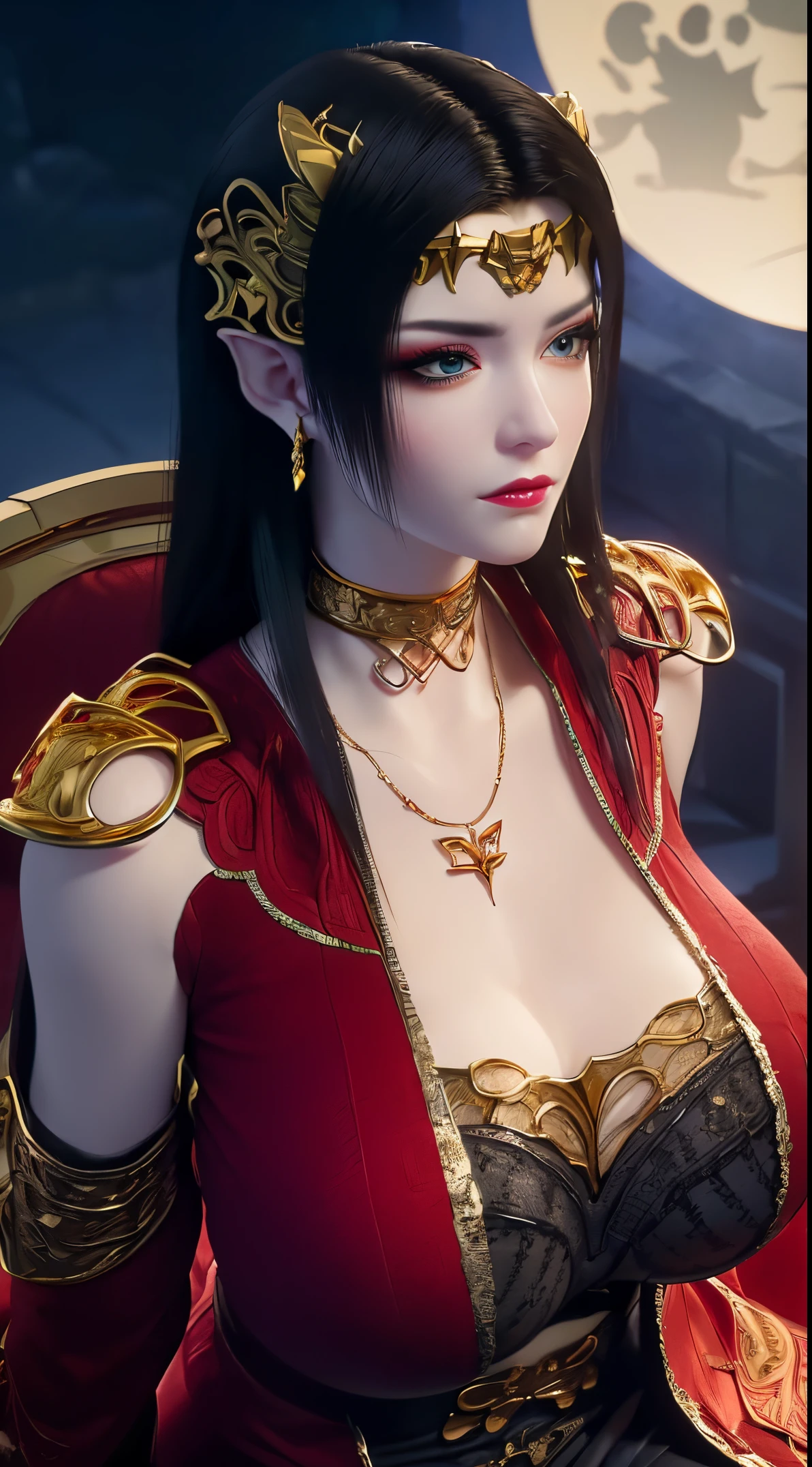 1 extremely beautiful queen, ((wearing traditional red hanfu with thin black patterns:1.6)), (((Patterns on clothes:1.6))), ((long black hair:1.6 )), elaborately crafted jewelry from precious stones and beautiful hair, (((wearing a 24k gold lace necklace:1.4))), noble, noble style of an extremely beautiful girl, very pretty face, thin eyebrows, flawless beautiful face, ((black eye pupils: 0.8)), very beautiful eyes, ((platinum blue eyes: 1 ,6)), (((wide eyes: 1,6))), beautiful makeup and detailed hairdo, eyelashes, steamy eye makeup, high nose, earrings, red lips, ((closed mouth : 1.5)) beautiful lips, slim arms, most beautiful thighs, ((arms behind and spread out to the sides: 1.5)), ((bent sitting position with chest out toward the audience and arms behind :1.6)), rosy face, clean face, flawless beautiful face, smooth white skin, (( super big and round firm breasts: 1.8)), firm breasts, beautiful cleavage, beautiful breasts , perfect body, back arms, open chest, black sheer fishnet stockings with black lace trim, 8k photo, super high quality, super realistic, super 10 x pixel, optical, bright studio, bright edges, lighting two-tone, (high detail skin: 1.2), ultra 8k, soft light, high quality, volumetric light, optical, optical high resolution, light, best shot, quality 4k, 8k, blur effect, smooth sharpness, 10 x pixels, ((sea and moonlight in night background: 1.5)), aurora, lightning, hyper-realistic graphics, most realistic graphics, 1 girl, alone, solo, Extremely sharp, surreal image, (((frontal portrait: 1)))."