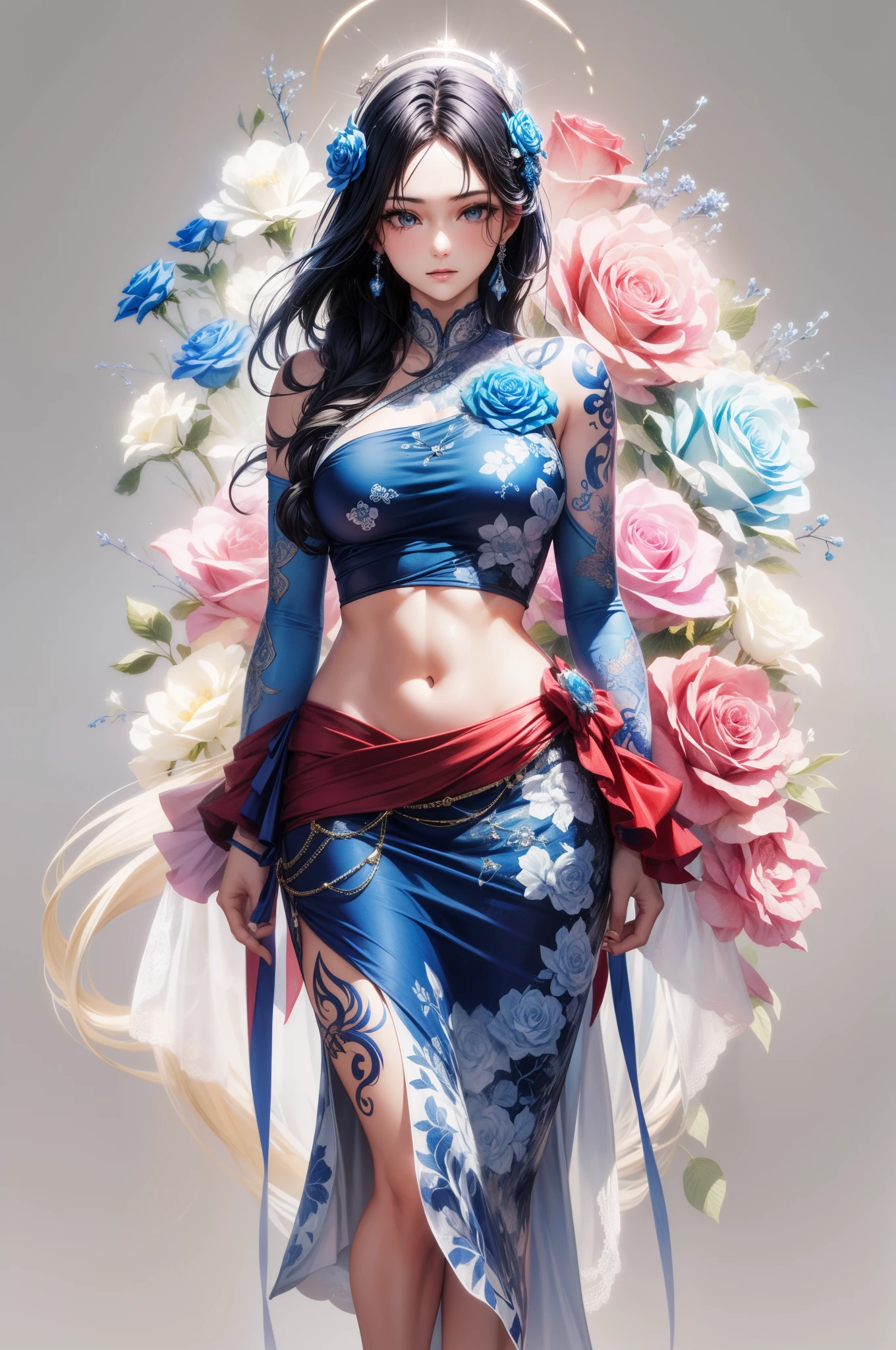 Mulher surpreendentemente bonita em um adesivo, straight neck, usando um longo, white and blue flowing Gaussian dress, tatuagens de costas rosa azul, foto de retrato completo, staring directly at camera, facing camera, halo of blue and white roses floating above head, A Long Shot, etiqueta, poster art, tinta azul e branca, desenho a tinta digital, tinta azul, 8K resolution, fotorrealista, hiperdetalhado, blue and white rose background tattoos on arms and shoulders, Arte de linha limpa, linha escura fina