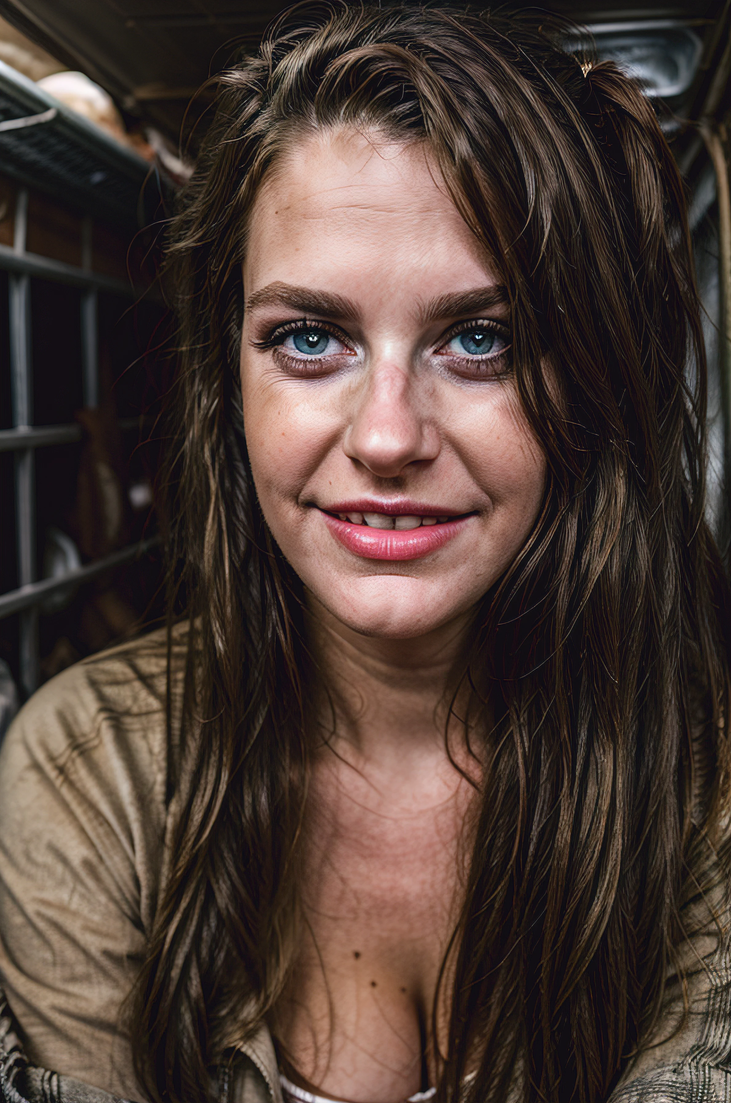 pregnant Kentucky woman, smiling low class, cheap, Raggedy, tired,  tired face, poor, desperate, slutty makeup, overdone makeup, dirty body, long  hair, dirty hair, tight torn t-shirt, worn out, inside a trailer, dirty room, dynamic posing (flash photography, analog photo, film grain, high saturation)