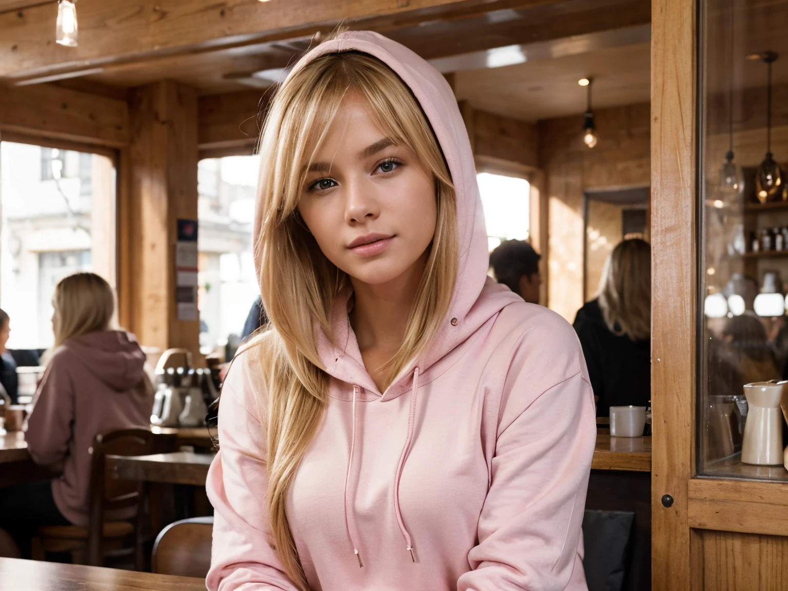 ultra-detailed, blond hair, highest quality, perfect body, shy, in coffee shop, wearing light pink hoodie