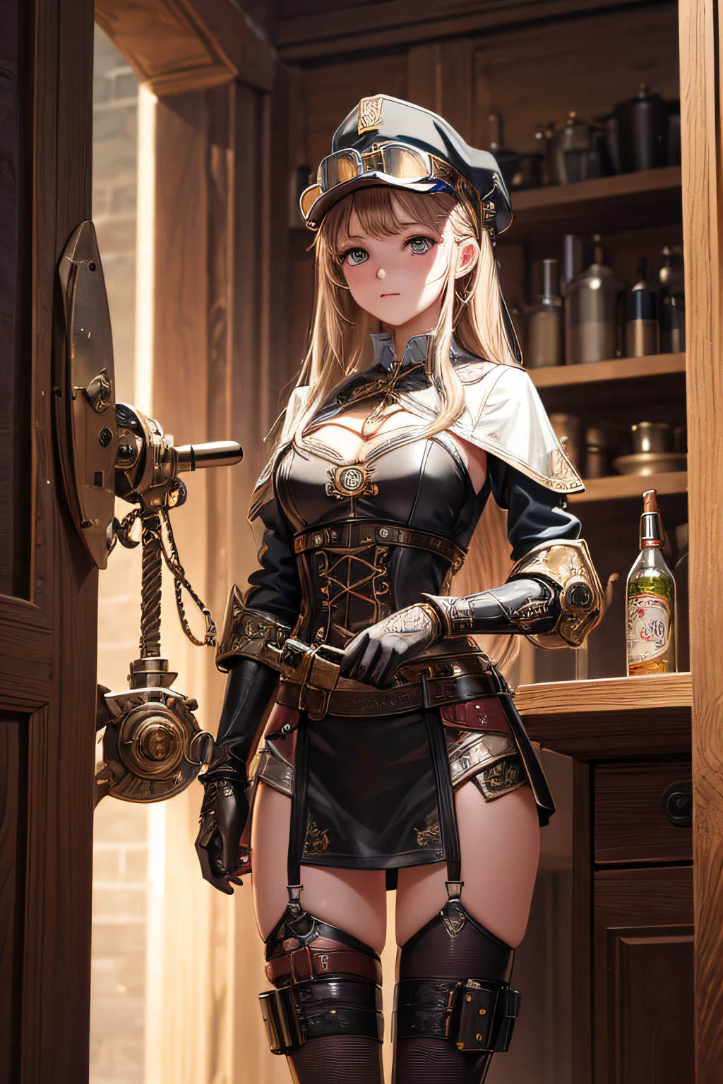 young teen girl, medieval inventor, the girl is a young technological genius, clothes from steampunk era, steampunk hat, wearing protecting goggles, using a lot of tools and gadgets, small breasts,, highly detailed, vibrant appearance, creative behavior, extremly detailed, imaginative, sensual, spontaneous, highest quality, skin texture, intricate details, (cinematic lighting), RAW photo, 8k, masterpiece,best quality,ultra-detailed,very detailed illustrations,extremely detailed,intricate details,highres,super complex details,extremely detailed 8k cg wallpaper,