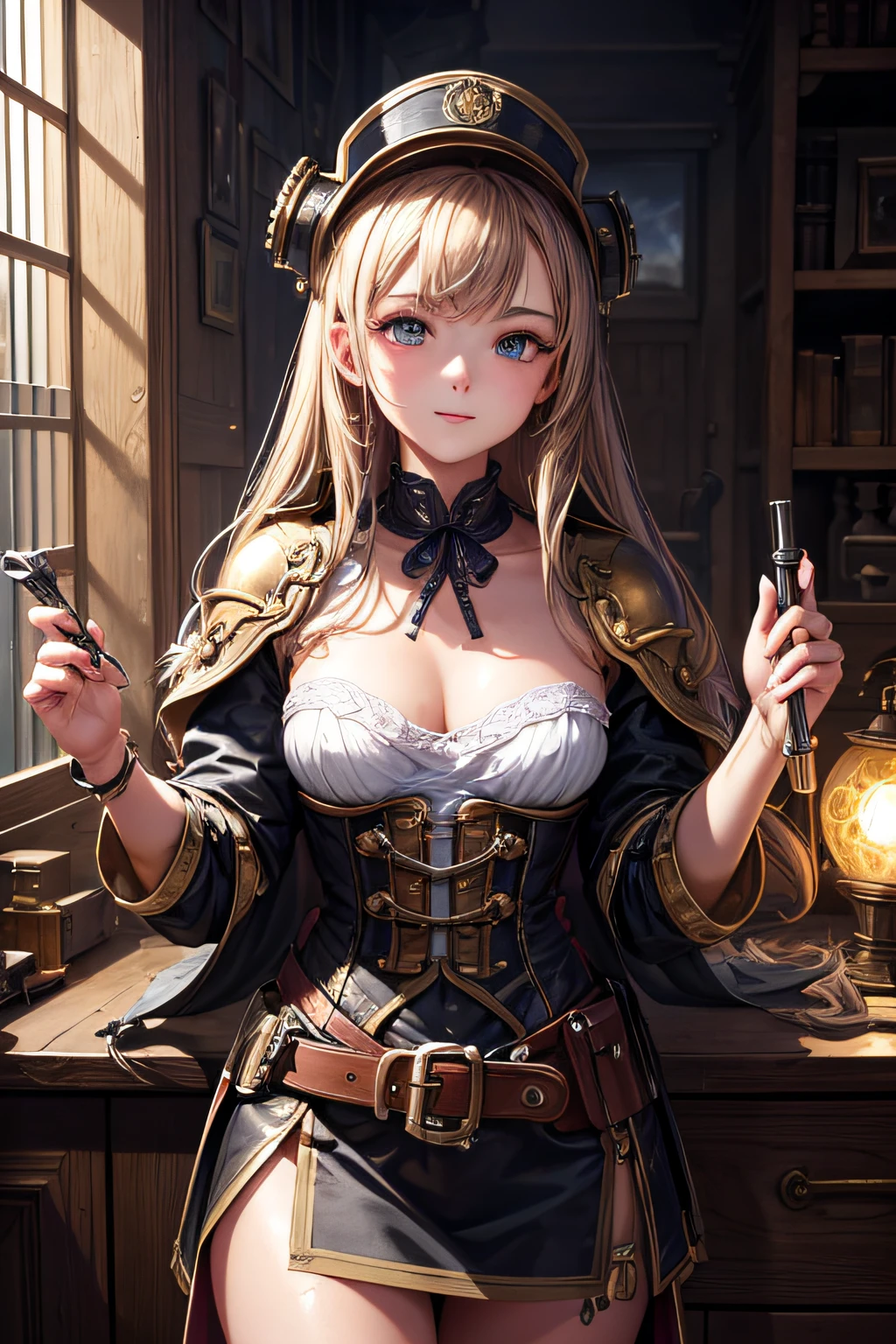 girl, medieval inventor, the girl is a young technological genius, clothes from steampunk era, steampunk hat, wearing protecting goggles, using a lot of tools and gadgets, small breasts,, highly detailed, vibrant appearance, creative behavior, extremly detailed, imaginative, sensual, spontaneous, highest quality, skin texture, intricate details, (cinematic lighting), RAW photo, 8k, masterpiece,best quality,ultra-detailed,very detailed illustrations,extremely detailed,intricate details,highres,super complex details,extremely detailed 8k cg wallpaper,