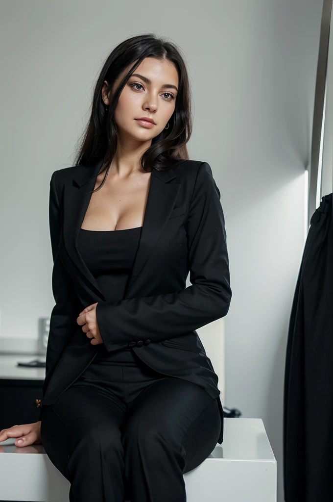 an European business woman, wearing full formal dress suit , sitting in office, formal pose, black hairs, beautiful eyes, realistic photography