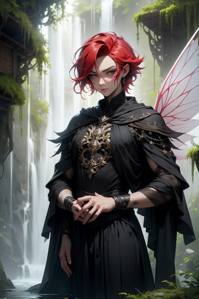(Absurd, high quality, ultra -compared, careful with the hand) fairy, fairy wings, dreamer body, vivid, romantic and all. Optimistic face, just lies, without entry and intellectual. Reckless style, cold heart, impatient and too confident. Gray eyes, ripe and dark (eyes of the eyes), enchanted fairy. Short hair, red hair. In the waterfall, water, forest. Whole body flying