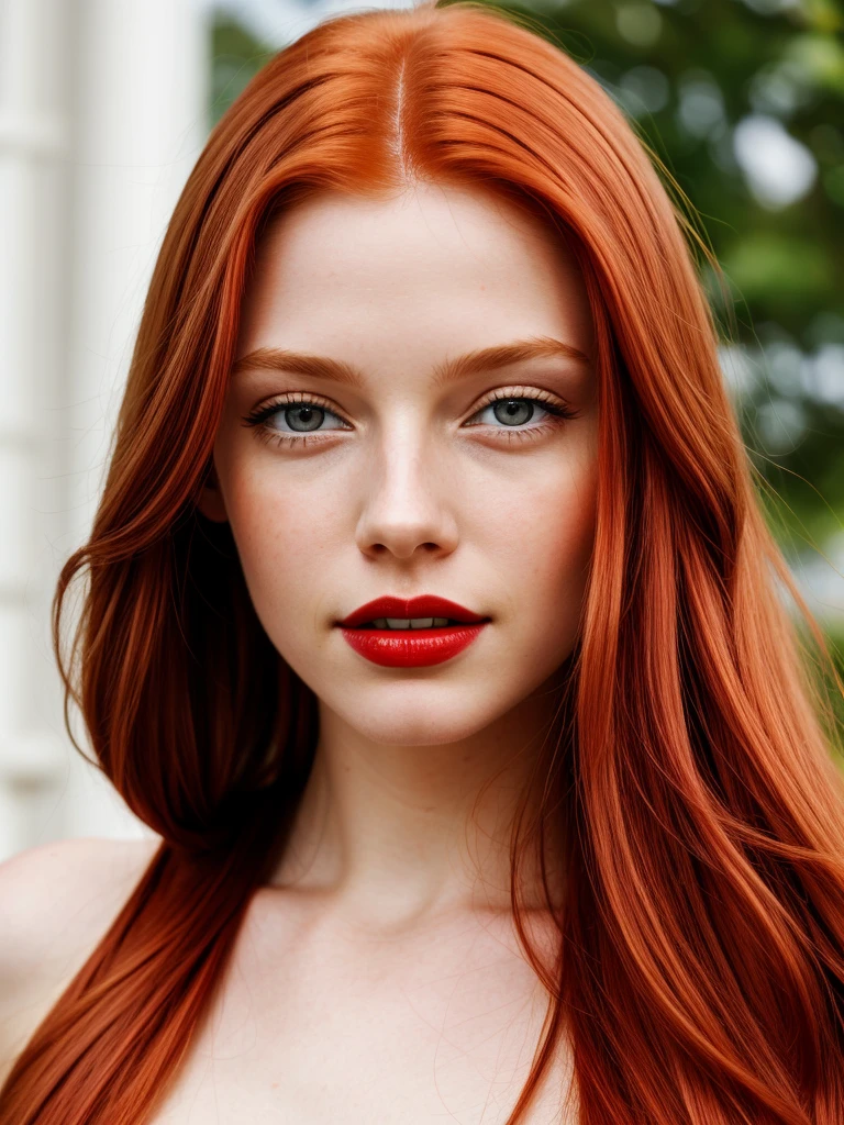 European white girl, long red hair, luscious natural red lips, hazel eyes, ultra high res.photo realistic: 1.4, UHD,