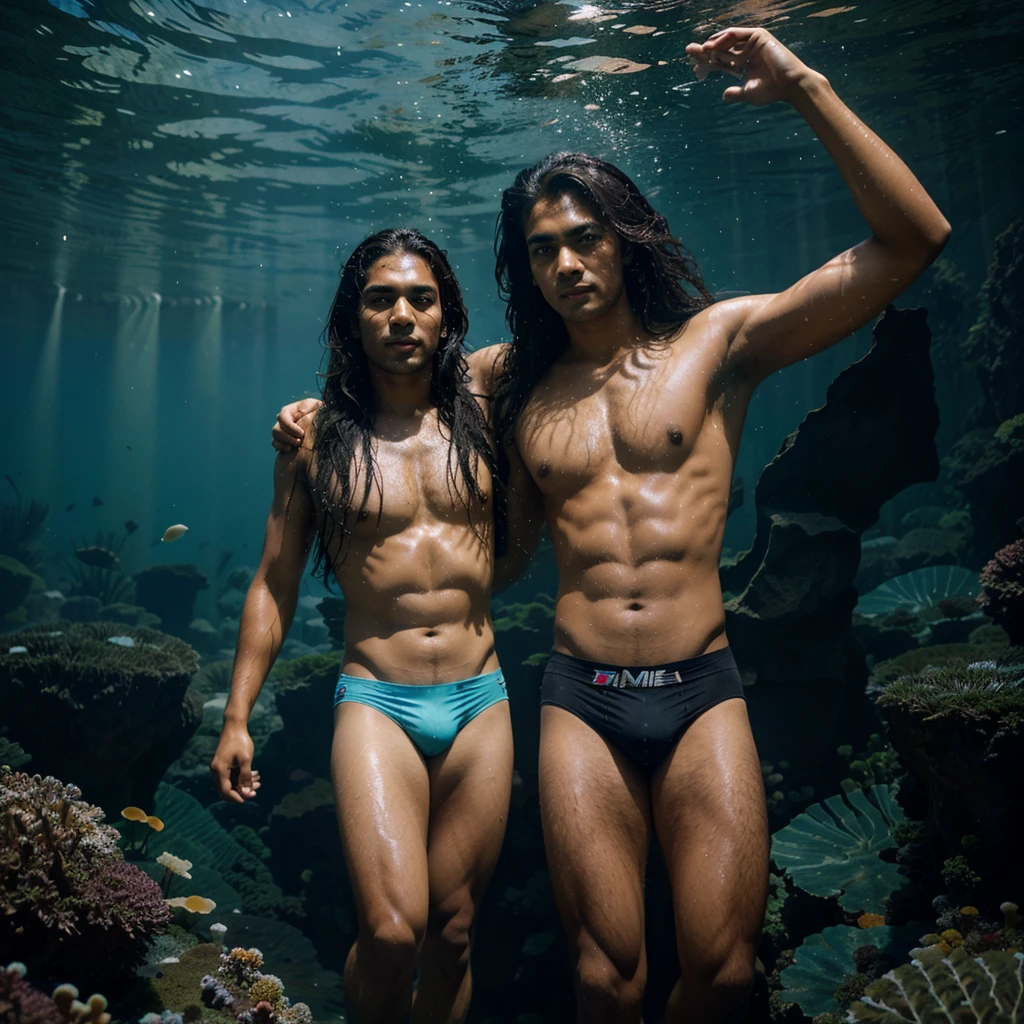 South asian man, 18 years old, long hair , location, underwater, wearing wet tights, great lighting, lion fish swimming behind, big bulge,