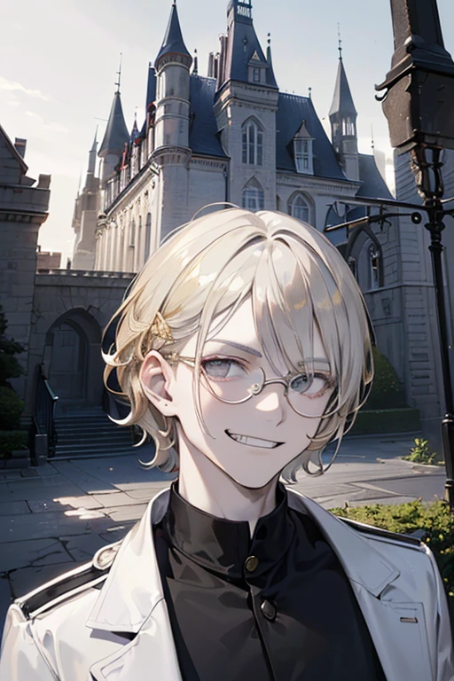 1 man, (((masterpiece, best quality, 8k))), fragile build, slim, tall height, teen appearance, (((ultradetailed face))), detailed eyes, gray eyes, sparkling gray eyes, (medium lenght white hair), (((gold-rimmed glasses))), ((black trenchcoat)), white shirt, (((evil grin))), (((pale, gray skin))), ((castle in background))