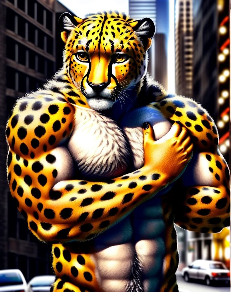 anthro (cheetah), male, adult, muscular, topless, (realistic fur, detailed fur texture:1.2), detailed background, noir city background, photorealistic, hyper realistic, ultra detailed,