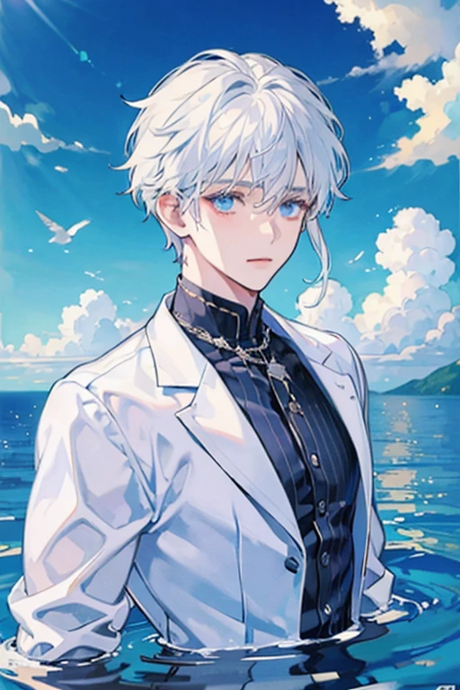 boy with white hair and blue eyes in the water