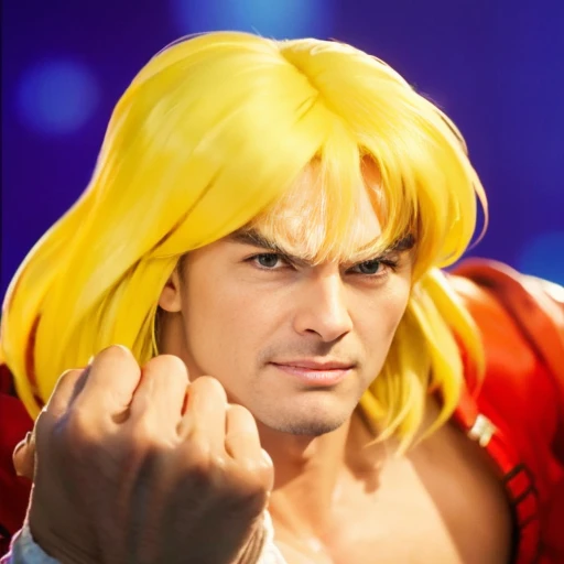 "Ken Masters" (best quality,ultra-detalhado,Realistic:1.37), retrato, Detailed eyes and facial features, olhos castanhos, textura ultra realista, expression serious, rosto jovem