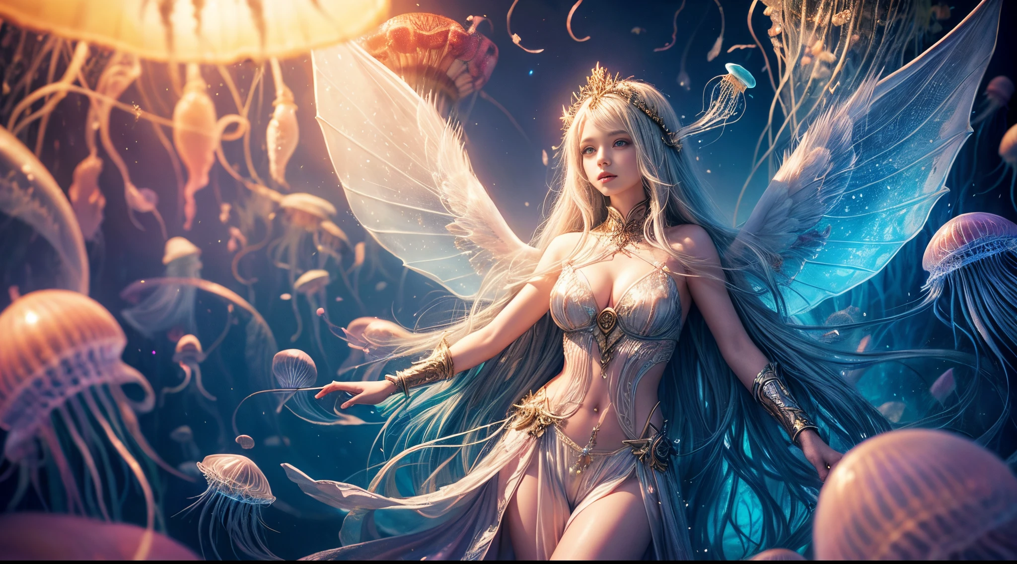 "Atlantean dreamscape, ((girl)) with translucent wings, surrounded by ((jellyfish)), beams of light casting enchanting shadows, fantasy realm, intricate details, otherworldly, magical atmosphere"