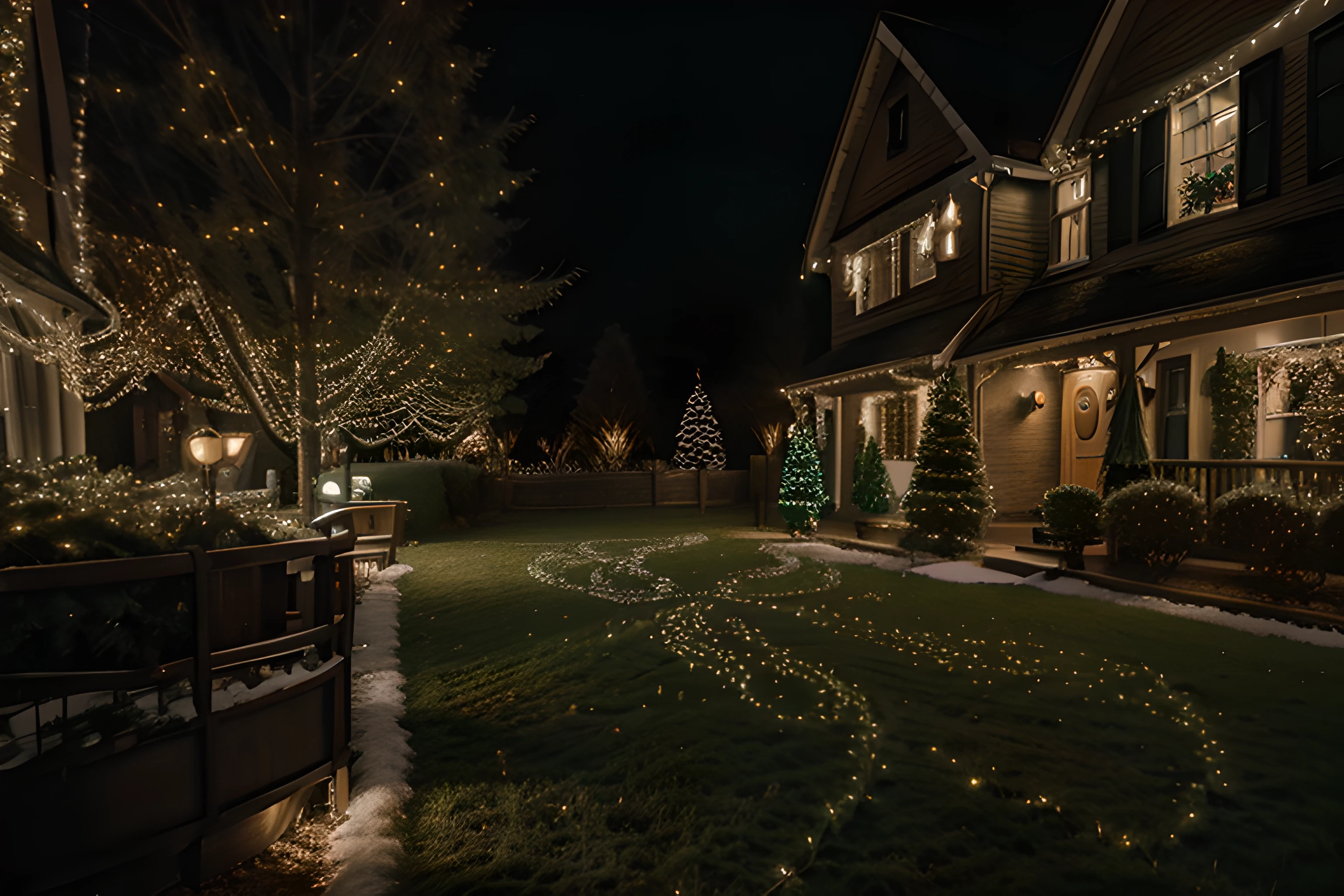 (realistic photography, high detail), many Christmas lights, green Christmas decorations, diffused light.