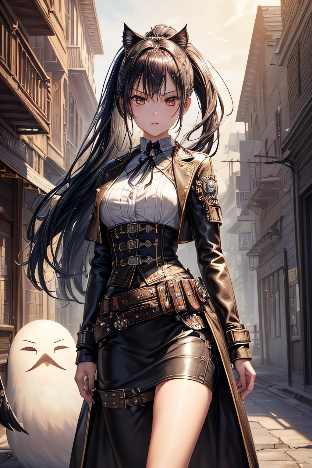 [Detailed illustrations, art based on extremely ideal anatomy, very detailed and detailed drawings, slow and delicate lines, realistic texture expression],(((Color tressed main lines)),(Artwork with outstanding craftsmanship),(Western ghost town background), ANIME Girl Japanese Beauty 18 years old Ponytail, small breasts (AUTOMATON) (( Gunslinger),(Raven) Leather coat ((Bullet belt)),((Dull metallic luster)),(Steampunk Alchemy),((Fine and beautiful skin expression (transparency),((Clear gaze)),((Perfect eye detaileautifully drawn eyeeautiful perfect face (Realistic face detaileautiful hair details)),((Perfectly proportioned proportions) ),(Design built to a high level,((Advanced structural understanding of materials)),Ideal color coordination),(((Artistic decoration)))((Dense detail)),((Detail,High definition)),[(Ultra-precision detail),((Multilayer texture)),HighQuality,High Resolution],(Accurate simulation of light-material interactions, Understanding of air flow, mechanically correct expression))), ((visual art that conveys a sense of narrative)).