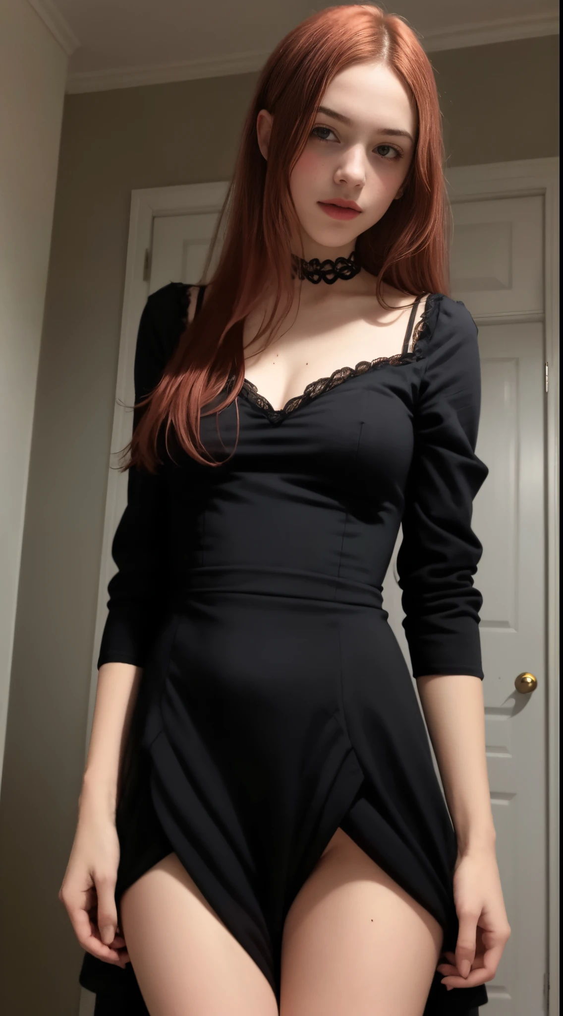 16 year old pre-teen, (real skin:1.3), long hair:1.3, redhead, gothic dress, no panties, raped, sexual pose, beautiful mutant girl, photorealistic