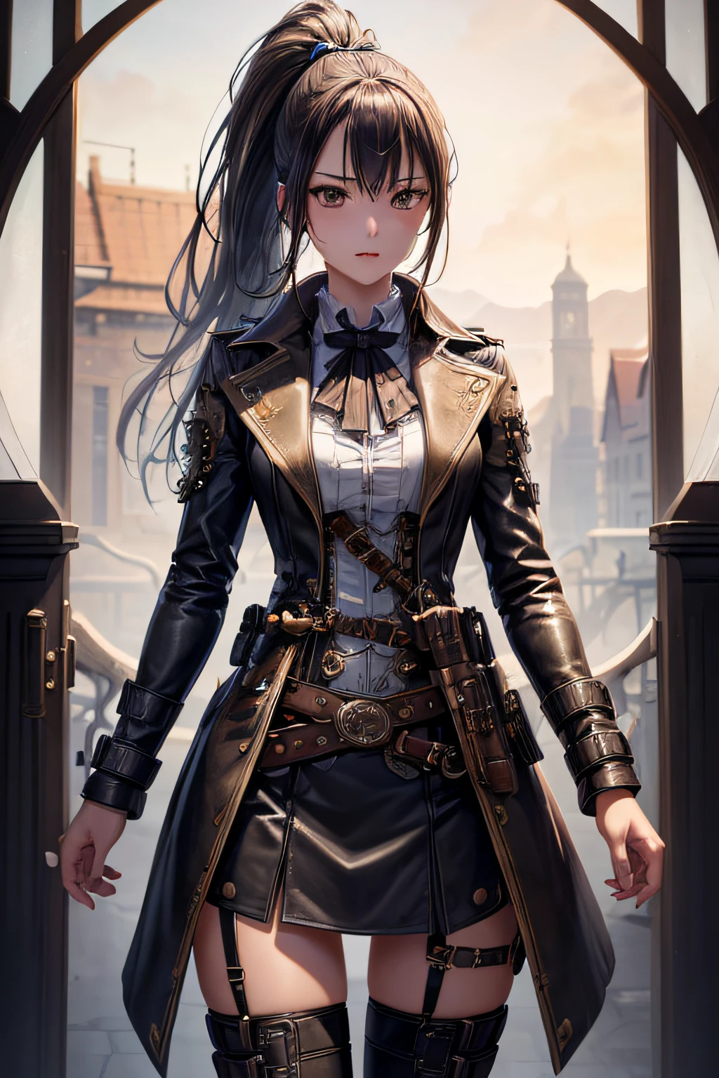 [Detailed illustrations, art based on extremely ideal anatomy, very detailed and detailed drawings, slow and delicate lines, realistic texture expression],(((Color tressed main lines)),(Artwork with outstanding craftsmanship),(Western ghost town background), ANIME Girl Japanese Beauty 18 years old Ponytail, small breasts (AUTOMATON) (( Gunslinger),(Raven) Leather coat ((Bullet belt)),((Dull metallic luster)),(Steampunk Alchemy),((Fine and beautiful skin expression (transparency),((Clear gaze)),((Perfect eye detaileautifully drawn eyeeautiful perfect face (Realistic face detaileautiful hair details)),((Perfectly proportioned proportions) ),(Design built to a high level,((Advanced structural understanding of materials)),Ideal color coordination),(((Artistic decoration)))((Dense detail)),((Detail,High definition)),[(Ultra-precision detail),((Multilayer texture)),HighQuality,High Resolution],(Accurate simulation of light-material interactions, Understanding of air flow, mechanically correct expression))), ((visual art that conveys a sense of narrative)).
