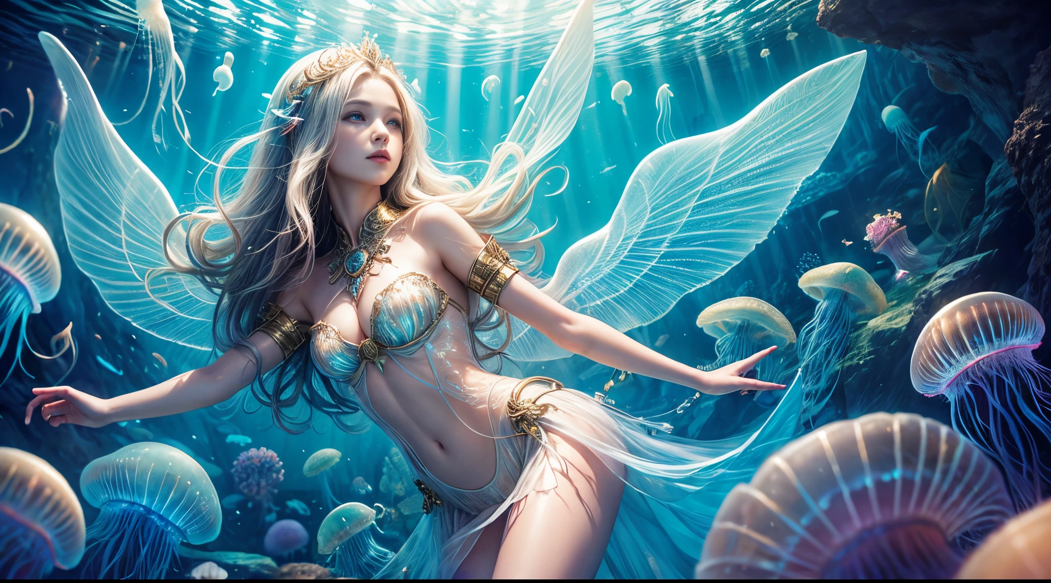 "Atlantean dreamscape, ((girl)) with translucent wings, surrounded by ((jellyfish)), beams of light casting enchanting shadows, fantasy realm, intricate details, otherworldly, magical atmosphere"