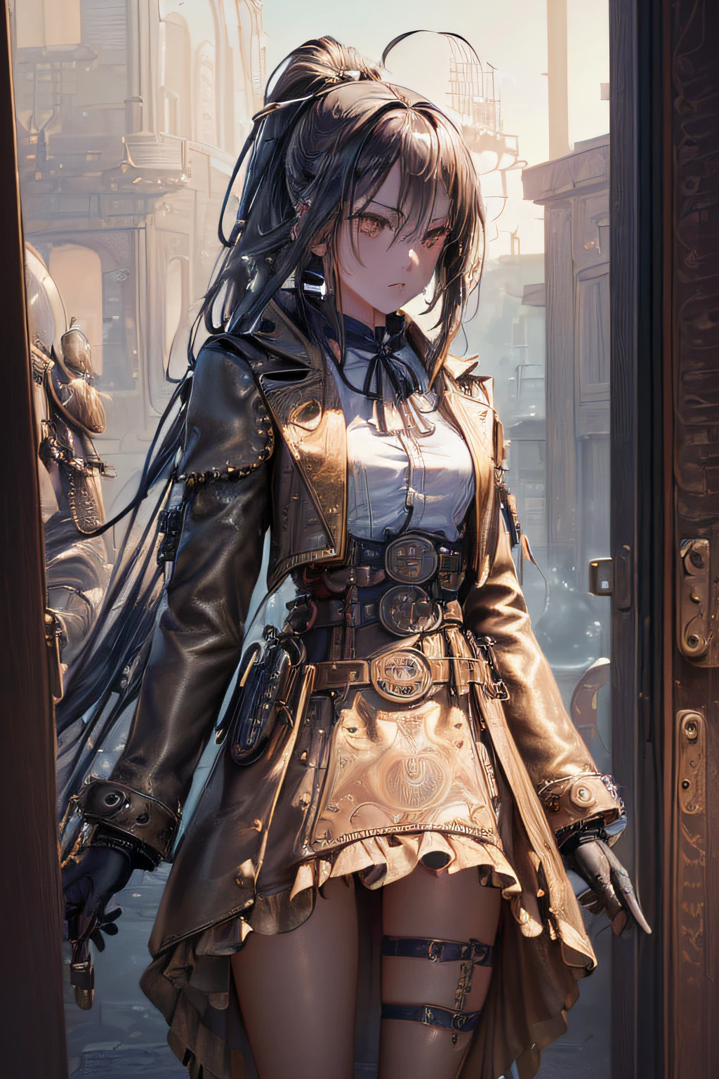 [Detailed illustrations, art based on extremely ideal anatomy, very detailed and detailed drawings, slow and delicate lines, realistic texture expression],(((Color tressed main lines)),(Artwork with outstanding craftsmanship),(Western ghost town background), ANIME Girl Japanese Beauty 18 years old Ponytail, small breasts (AUTOMATON) (( Gunslinger),(Raven) Leather coat ((Bullet belt)),((Dull metallic luster)),(Steampunk Alchemy),((Fine and beautiful skin expression (transparency),((Clear gaze)),((Perfect eye detaileautifully drawn eyeeautiful perfect face (Realistic face detaileautiful hair details)),((Perfectly proportioned proportions) ),(Design built to a high level,((Advanced structural understanding of materials)),Ideal color coordination),(((Artistic decoration)))((Dense detail)),((Detail,High definition)),[(Ultra-precision detail),((Multilayer texture)),HighQuality,High Resolution],(Accurate simulation of light-material interactions, Understanding of air flow, mechanically correct expression))), ((visual art that conveys a sense of narrative)).