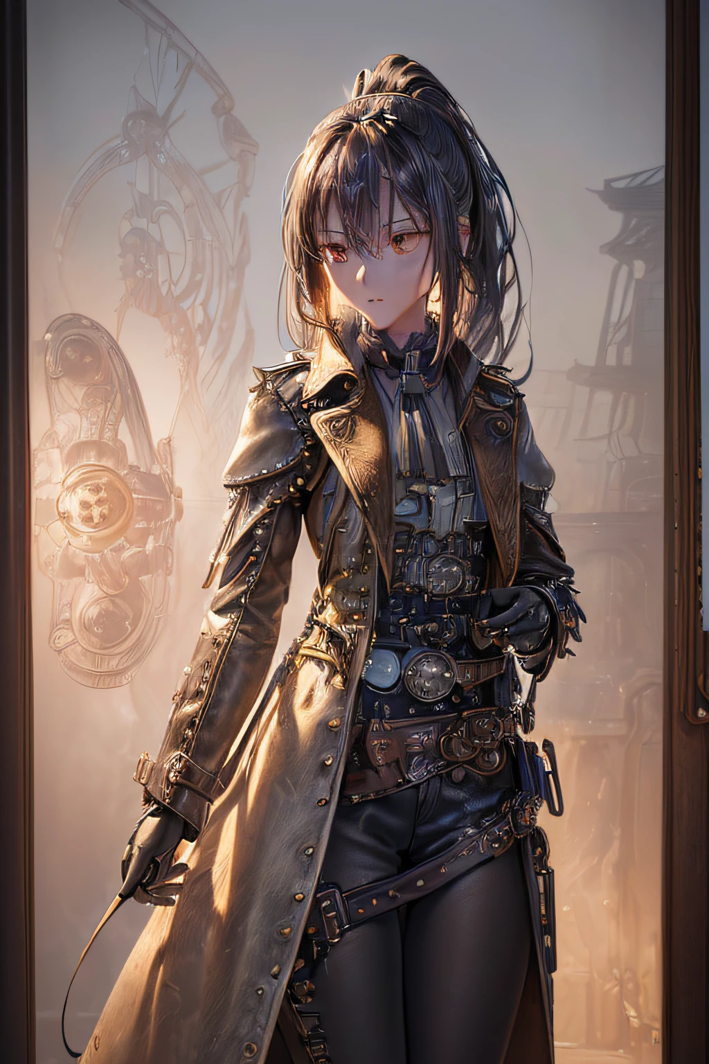 [Detailed illustrations, art based on extremely ideal anatomy, very detailed and detailed drawings, slow and delicate lines, realistic texture expression],(((Color tressed main lines)),(Artwork with outstanding craftsmanship),(Western ghost town background), ANIME Girl Japanese Beauty 18 years old Ponytail, small breasts (AUTOMATON) (( Gunslinger),(Raven) Leather coat ((Bullet belt)),((Dull metallic luster)),(Steampunk Alchemy),((Fine and beautiful skin expression (transparency),((Clear gaze)),((Perfect eye detaileautifully drawn eyeeautiful perfect face (Realistic face detaileautiful hair details)),((Perfectly proportioned proportions) ),(Design built to a high level,((Advanced structural understanding of materials)),Ideal color coordination),(((Artistic decoration)))((Dense detail)),((Detail,High definition)),[(Ultra-precision detail),((Multilayer texture)),HighQuality,High Resolution],(Accurate simulation of light-material interactions, Understanding of air flow, mechanically correct expression))), ((visual art that conveys a sense of narrative)).