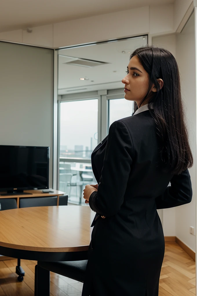 picture taken from back of an European business woman, wearing full formal dress suit , wearing dress court, speaking in conference room, formal pose, black hairs, beautiful eyes, realistic photography