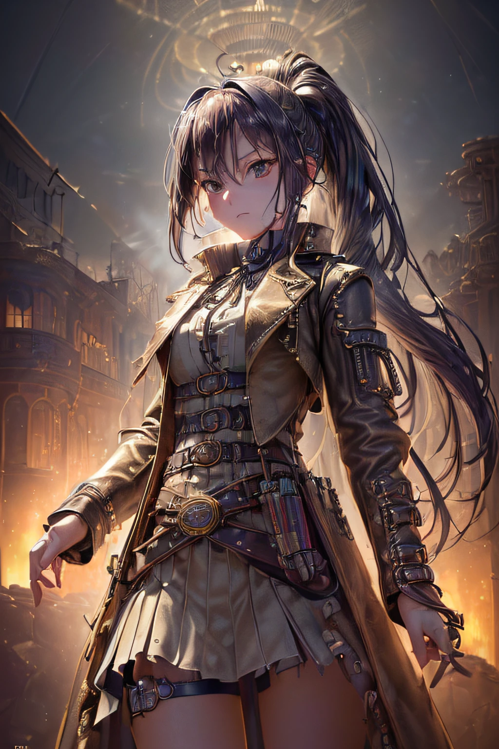 [Detailed illustrations, art based on extremely ideal anatomy, very detailed and detailed drawings, slow and delicate lines, realistic texture expression],(((Color tressed main lines)),(Artwork with outstanding craftsmanship),(Western ghost town background), ANIME Girl Japanese Beauty 18 years old Ponytail, small breasts (AUTOMATON) (( Gunslinger),(Raven) Leather coat ((Bullet belt)),((Dull metallic luster)),(Steampunk Alchemy),((Fine and beautiful skin expression (transparency),((Clear gaze)),((Perfect eye detaileautifully drawn eyeeautiful perfect face (Realistic face detaileautiful hair details)),((Perfectly proportioned proportions) ),(Design built to a high level,((Advanced structural understanding of materials)),Ideal color coordination),(((Artistic decoration)))((Dense detail)),((Detail,High definition)),[(Ultra-precision detail),((Multilayer texture)),HighQuality,High Resolution],(Accurate simulation of light-material interactions, Understanding of air flow, mechanically correct expression))), ((visual art that conveys a sense of narrative)).