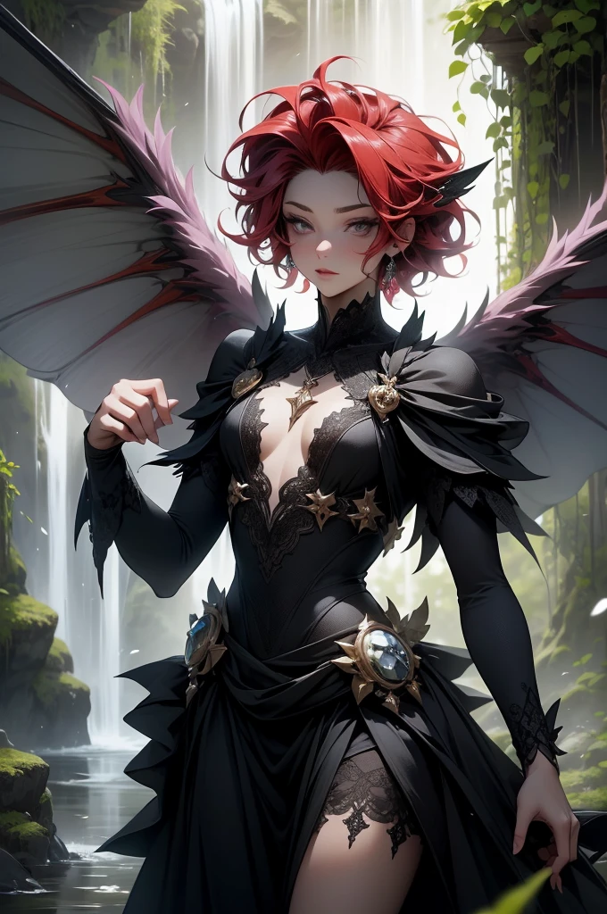 (Absurd, high quality, ultra -compared, careful with the hand) fairy, fairy wings, dreamer body, vivid, romantic and all. Optimistic face, just lies, without entry and intellectual. Reckless style, cold heart, impatient and too confident. Gray eyes, ripe and dark (eyes of the eyes), enchanted fairy. Short hair, red hair. In the waterfall, water, forest. Whole body flying