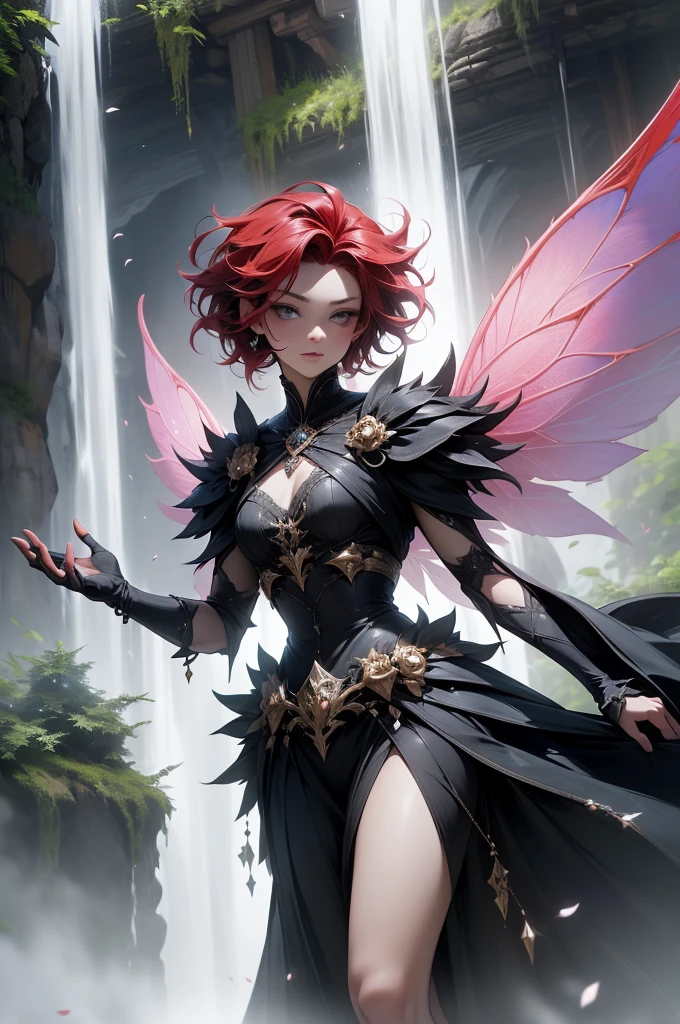 (Absurd, high quality, ultra -compared, careful with the hand) fairy, fairy wings, dreamer body, vivid, romantic and all. Optimistic face, just lies, without entry and intellectual. Reckless style, cold heart, impatient and too confident. Gray eyes, ripe and dark (eyes of the eyes), enchanted fairy. Short hair, red hair. In the waterfall, water, forest. Whole body flying