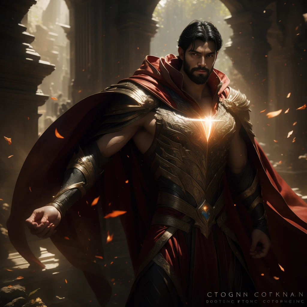 Superman whit short black hair and beard, a scar on his face, dark shot, epic realistic, Superman in the dark with glowing red eyes and glowing cape, he holds a star dust in his hand, his red cloak is huge and floats in the wind, a red eclipse of the sun above his head, soft cinematic light, Adobe Lightroom, darkroom, HDR, intricate, highly detailed, depth of field, hyper-detail, artstation, cinematic, warm light, dramatic light, complex details
