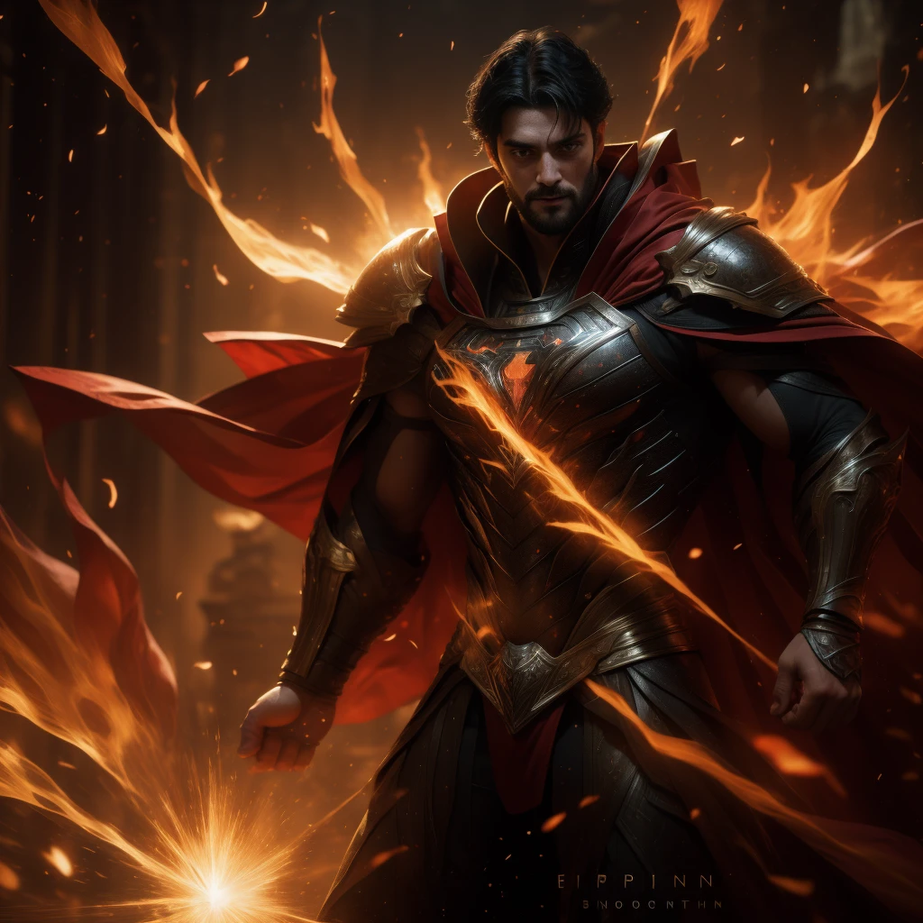 Superman whit short black hair and beard, a scar on his face, dark shot, epic realistic, Superman in the dark with glowing red eyes and glowing cape, he holds a star dust in his hand, his red cloak is huge and floats in the wind, a red eclipse of the sun above his head, soft cinematic light, Adobe Lightroom, darkroom, HDR, intricate, highly detailed, depth of field, hyper-detail, artstation, cinematic, warm light, dramatic light, complex details