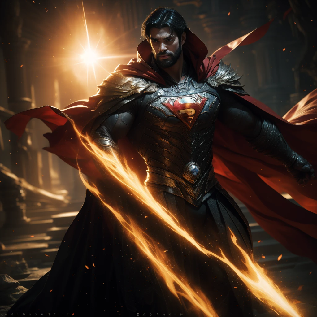 Superman whit short black hair and beard, a scar on his face, dark shot, epic realistic, Superman in the dark with glowing red eyes and glowing cape, he holds a star dust in his hand, his red cloak is huge and floats in the wind, a red eclipse of the sun above his head, soft cinematic light, Adobe Lightroom, darkroom, HDR, intricate, highly detailed, depth of field, hyper-detail, artstation, cinematic, warm light, dramatic light, complex details