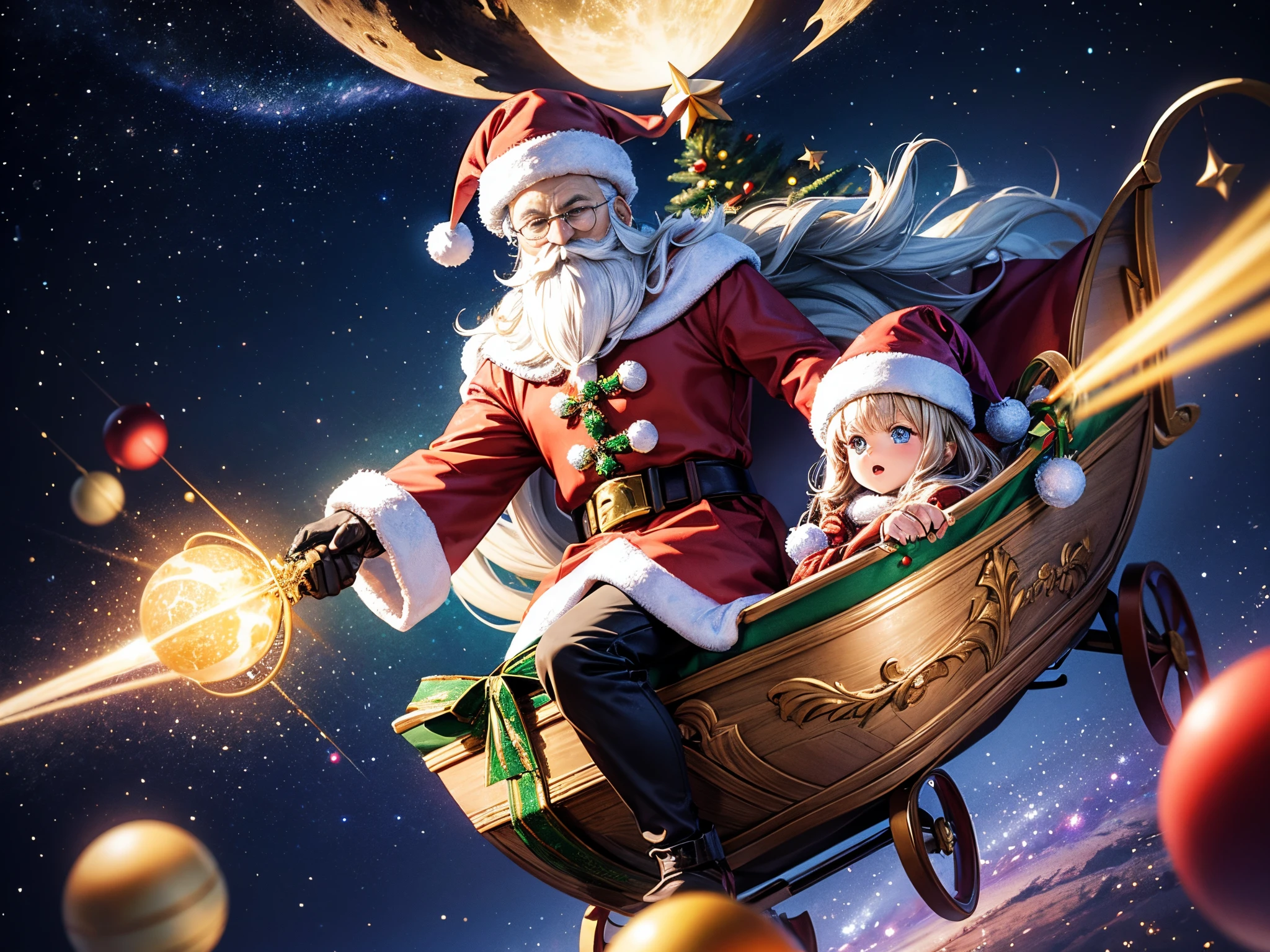 Design an otherworldly scene where 3D Christmas ornaments and Santa's sleigh traverse a galaxy of mesmerizing fractals, each representing a unique festive dimension.